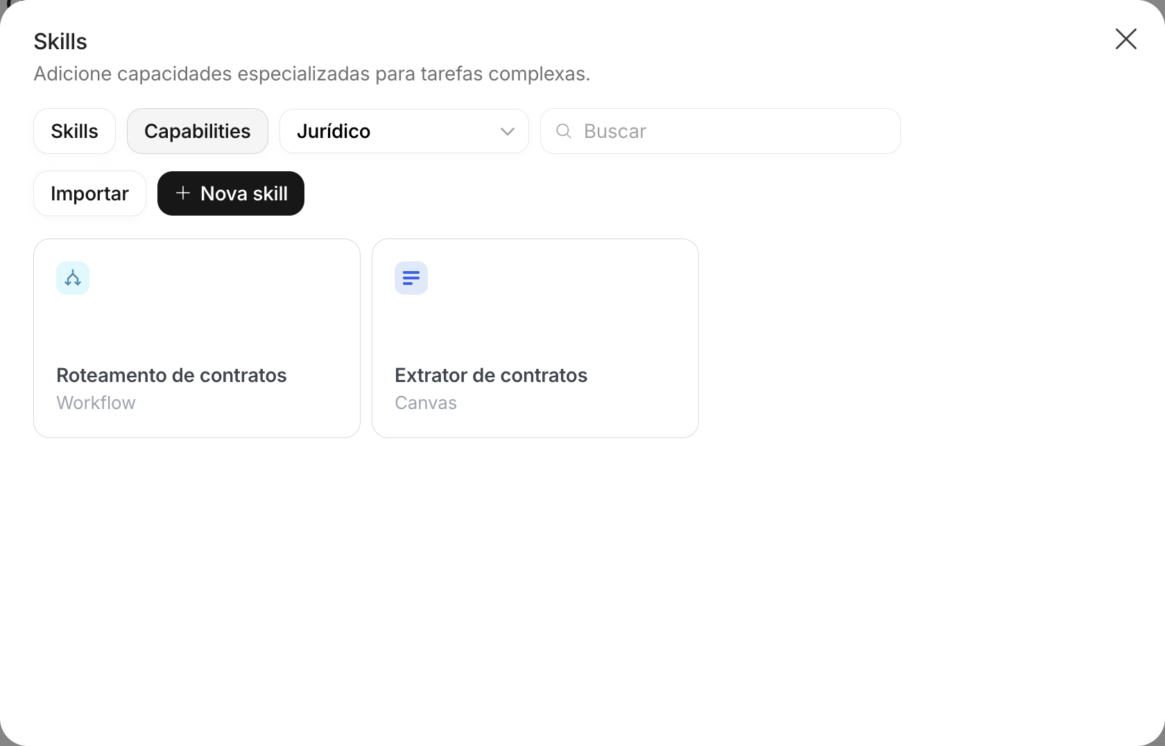 Aba Capabilities do diálogo Skills listando um Workflow e um Canvas publicados do Projeto