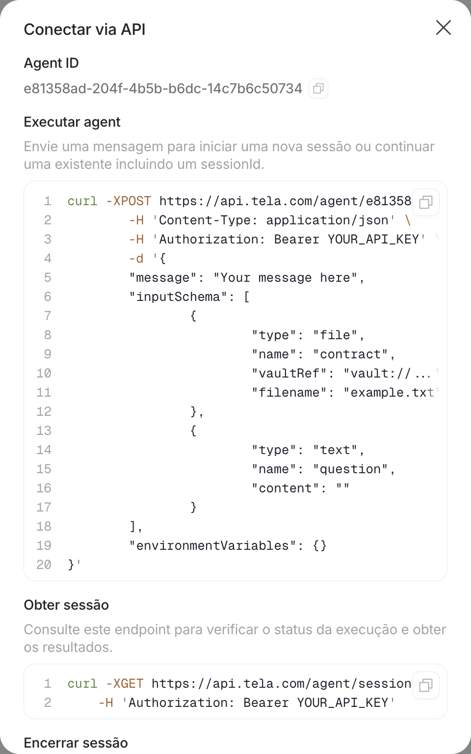 Diálogo Conectar via API com o Agent ID e o trecho Executar agent
