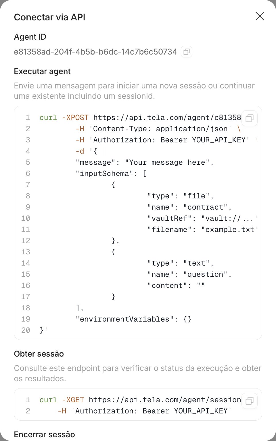 Diálogo Conectar via API com o Agent ID e o trecho Executar agent