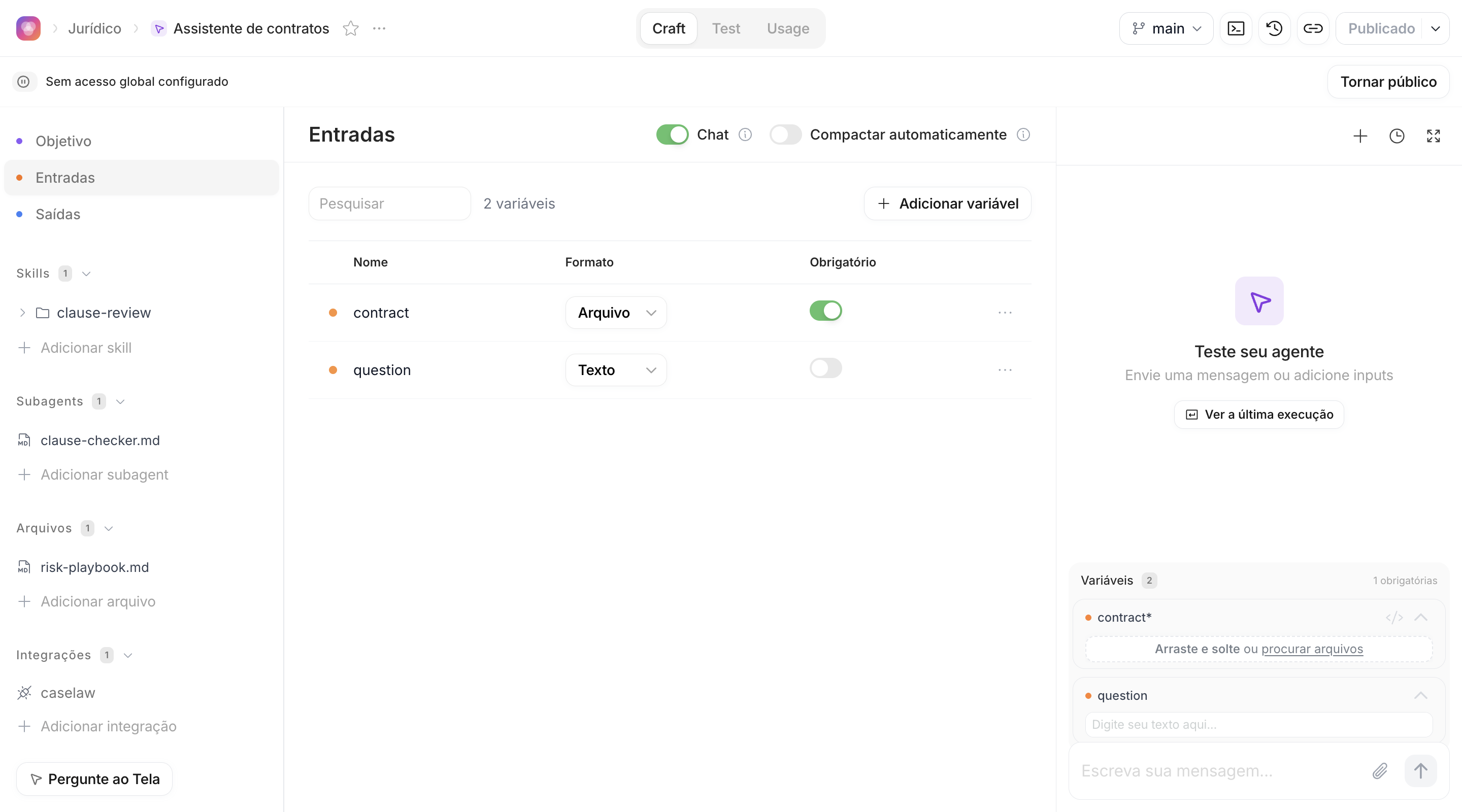 Seção Entradas listando as entradas contract e question, com os interruptores Chat e Compactar automaticamente