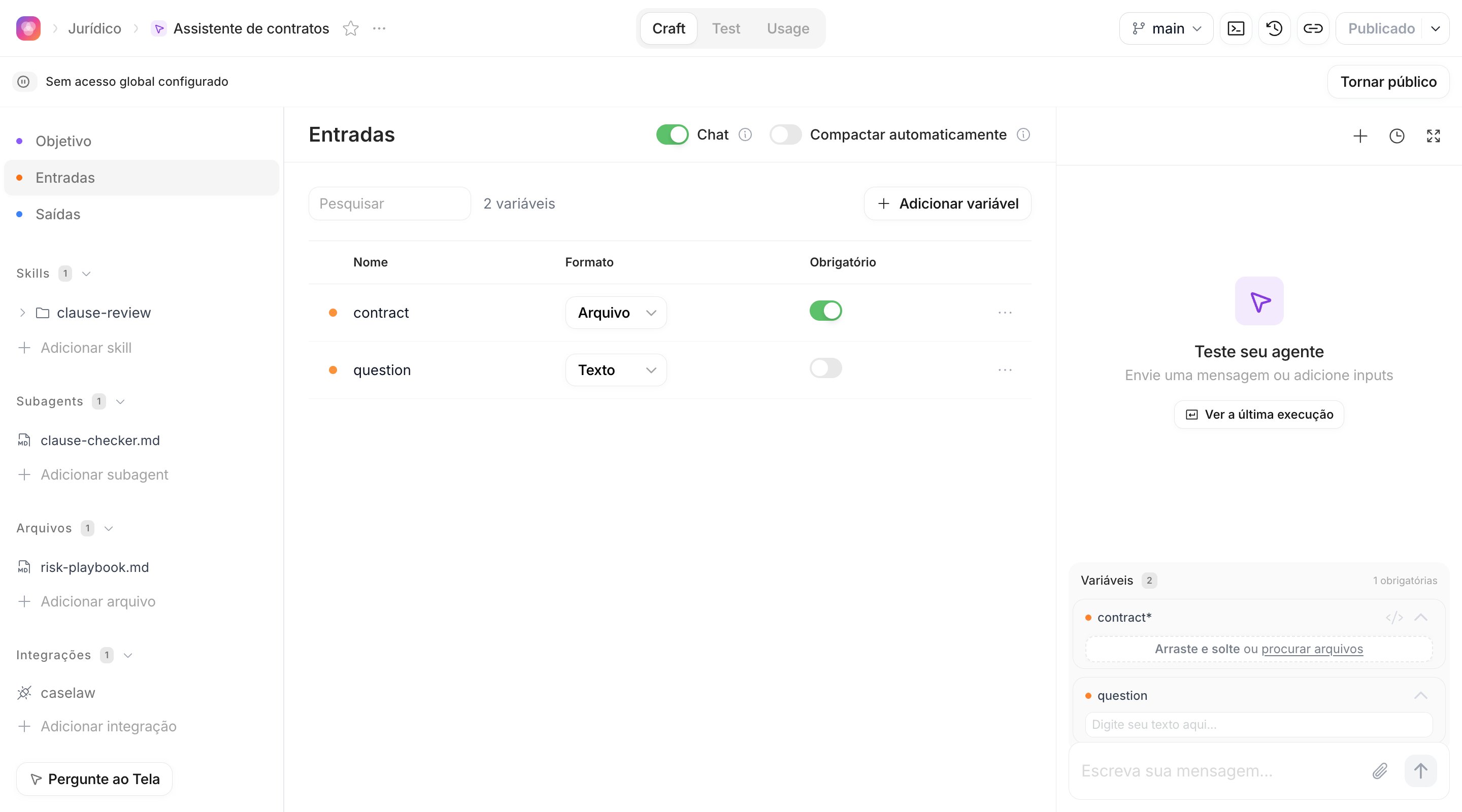 Seção Entradas listando as entradas contract e question, com os interruptores Chat e Compactar automaticamente