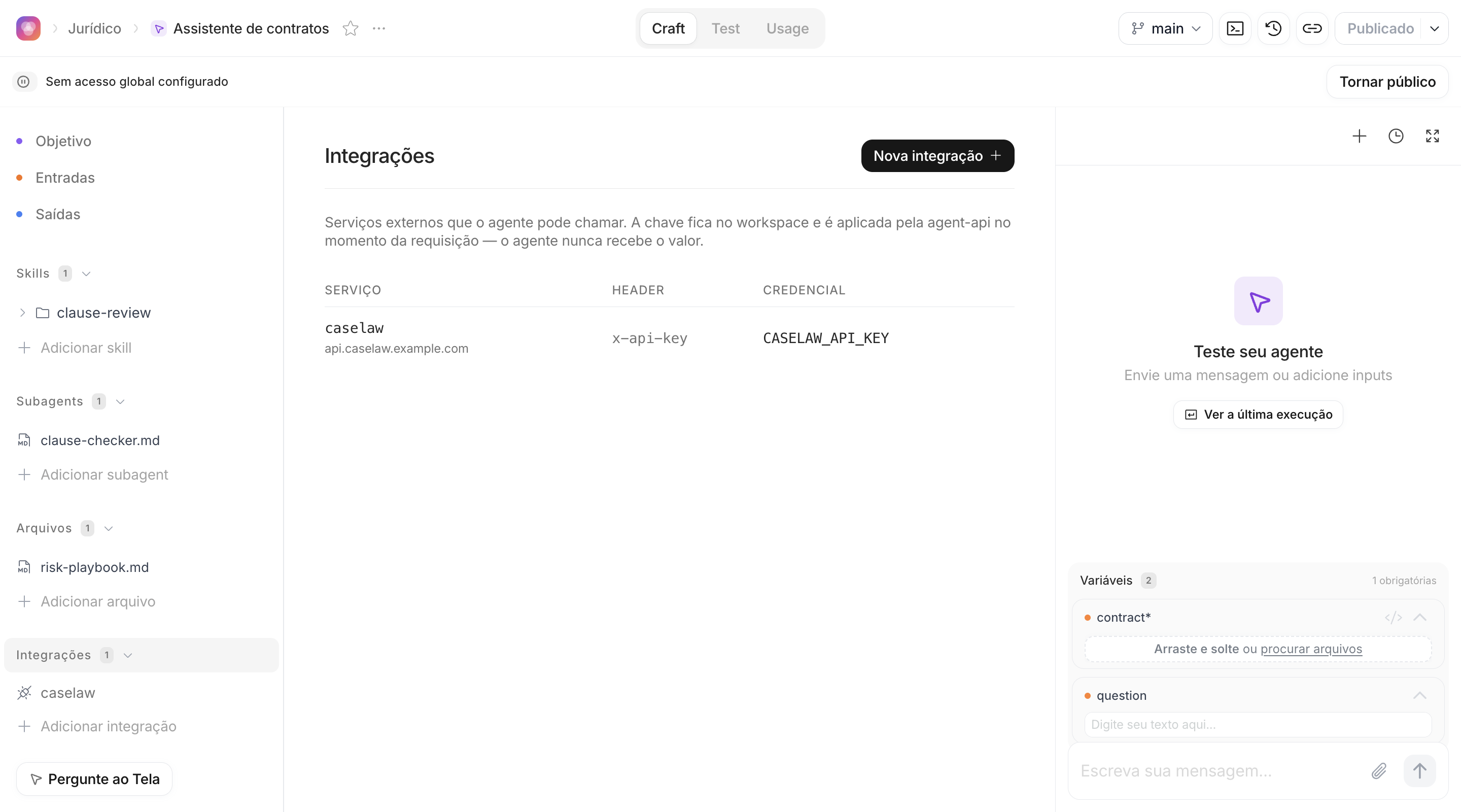 Seção Integrações listando a integração caselaw com o header e a credencial