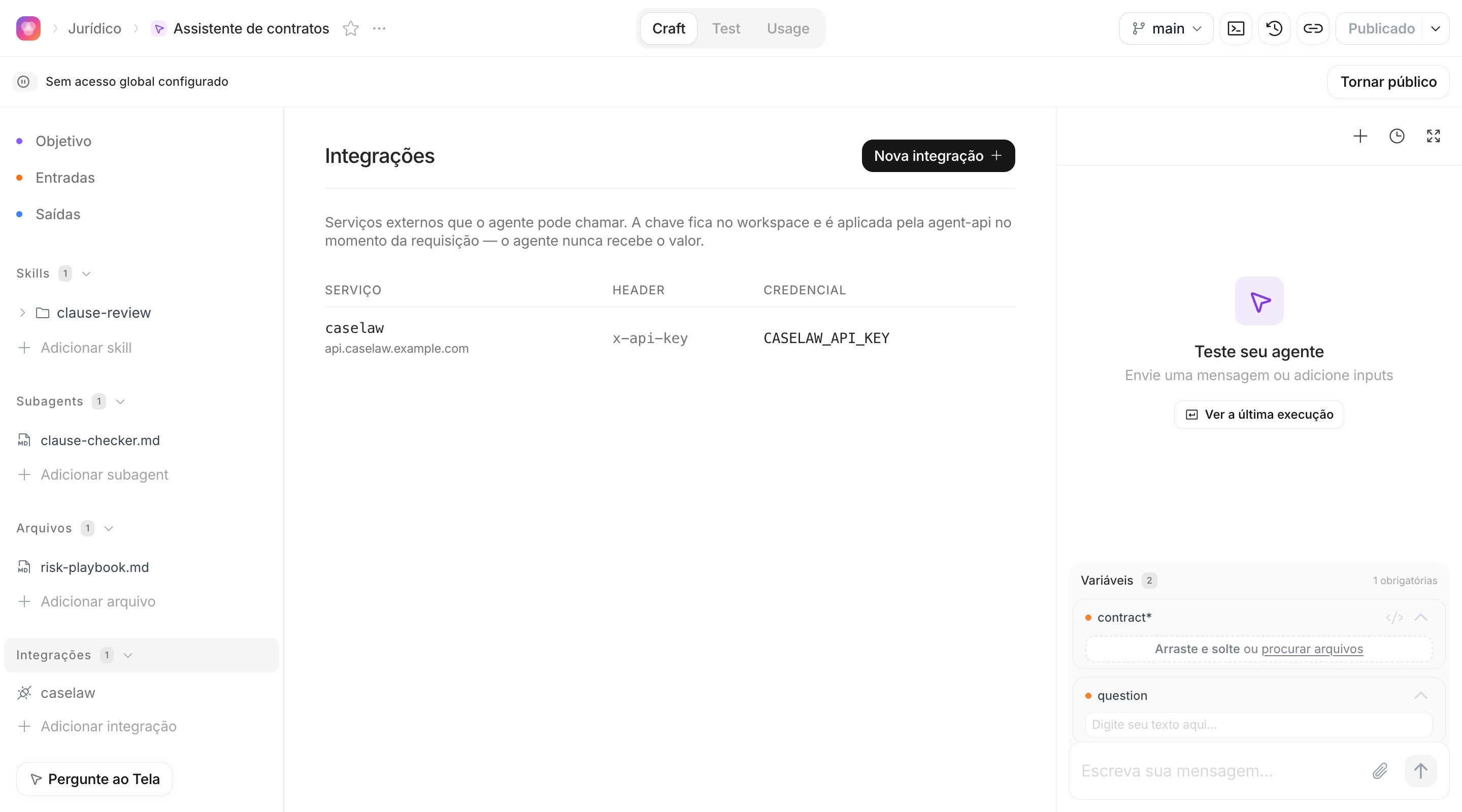 Seção Integrações listando a integração caselaw com o header e a credencial