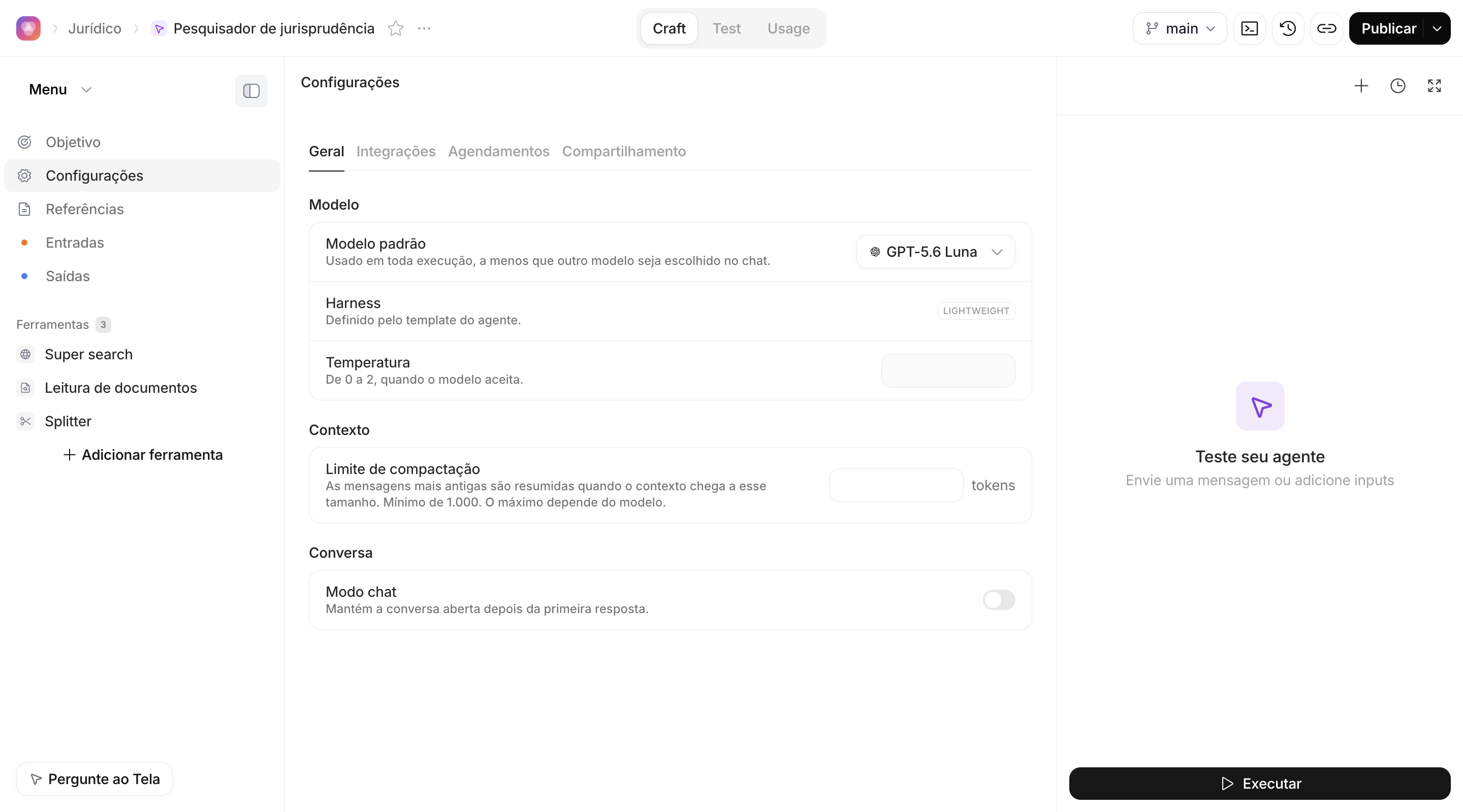 Configurações de um Agente Lightweight, aba Geral, com modelo, harness, temperatura, limite de compactação e modo chat