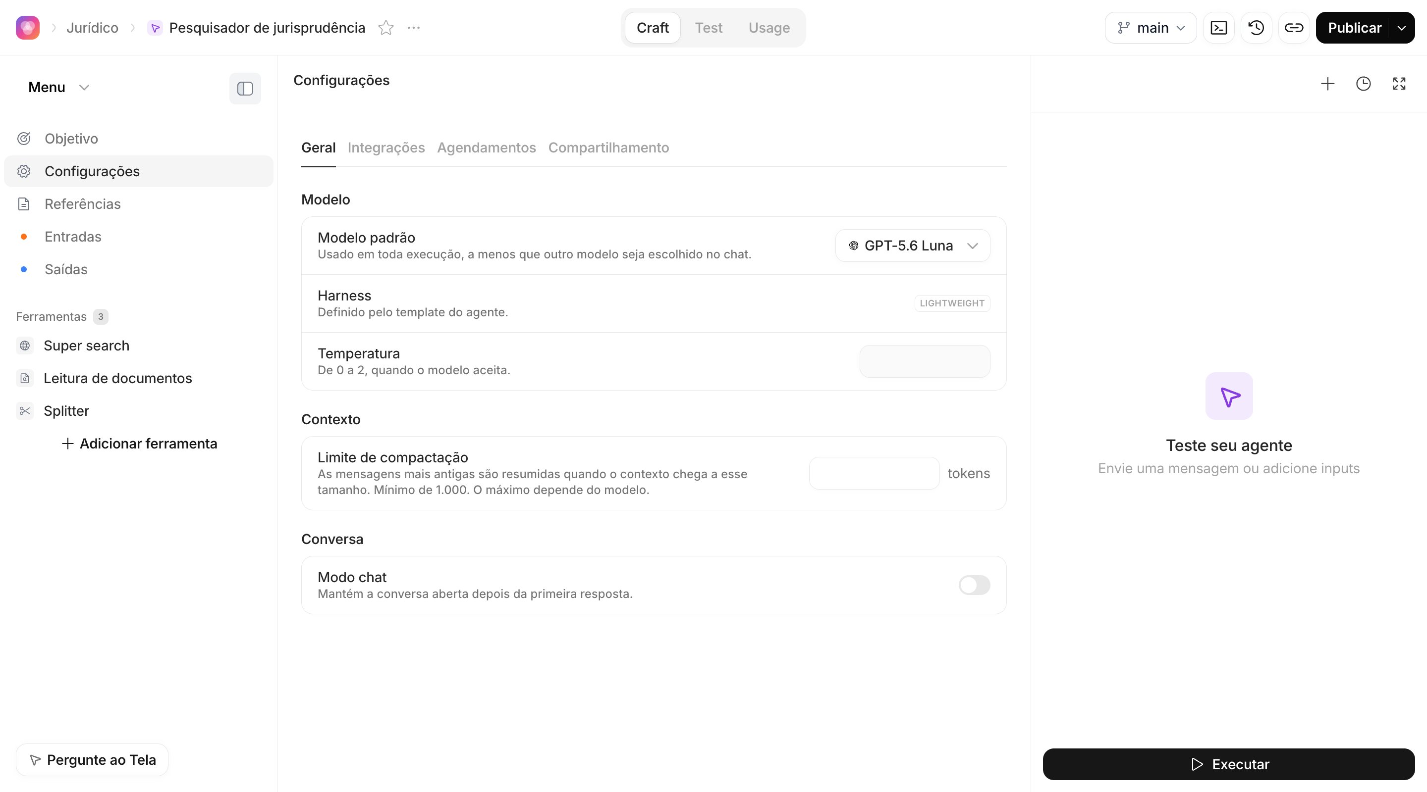 Configurações de um Agente Lightweight, aba Geral, com modelo, harness, temperatura, limite de compactação e modo chat