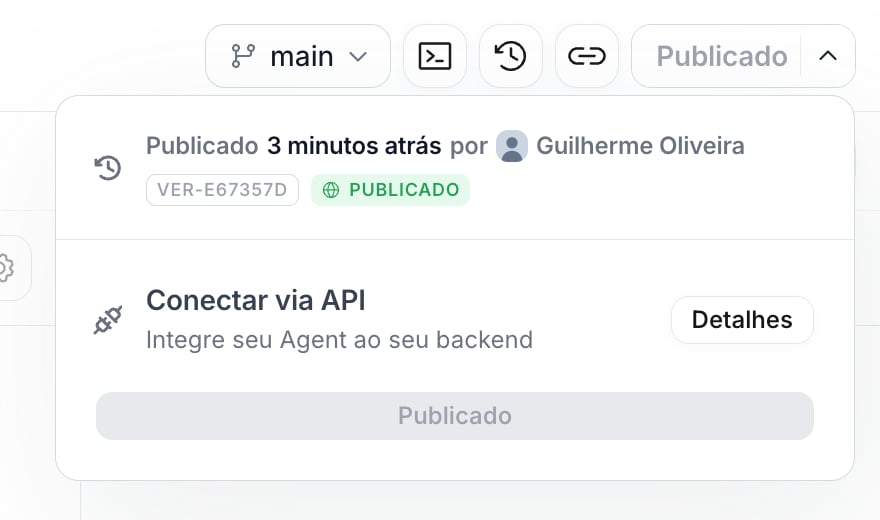 Menu de Publicar com o status de publicação, o identificador da versão e o card Conectar via API