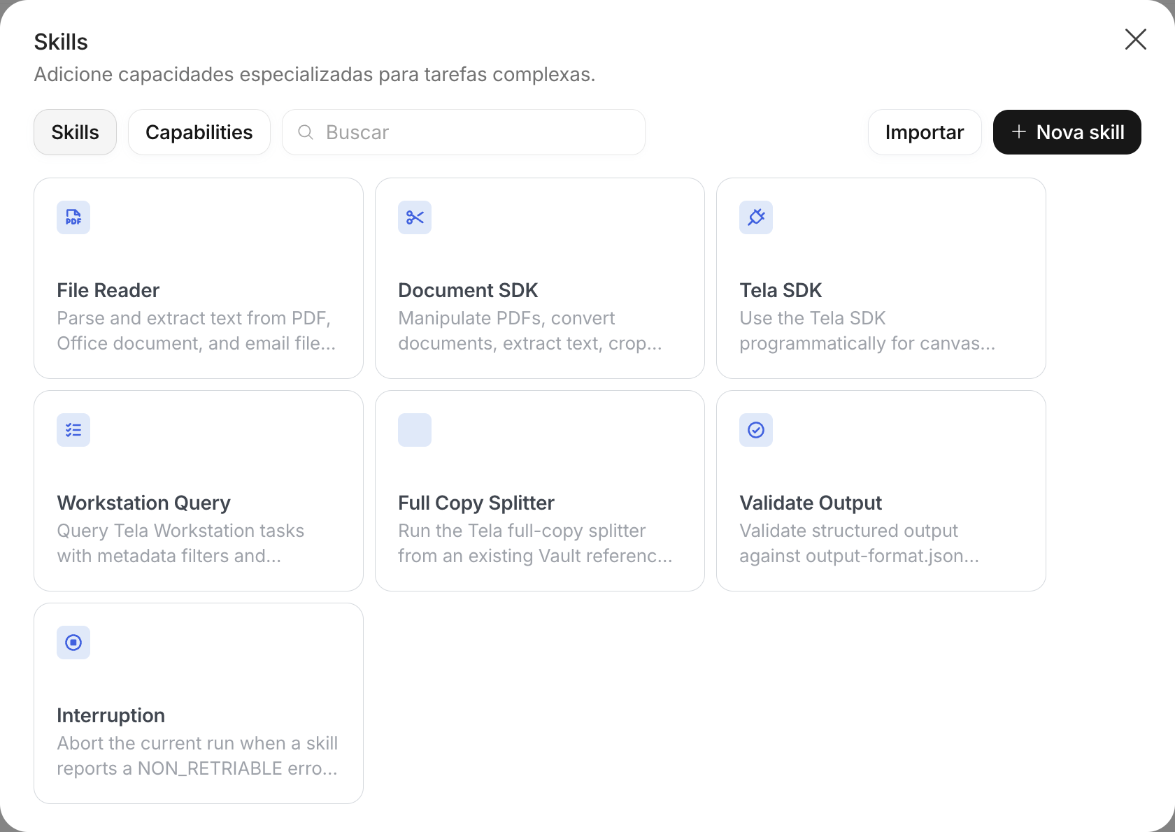 Diálogo Skills com as abas Skills e Capabilities, a busca e os botões Importar e Nova skill