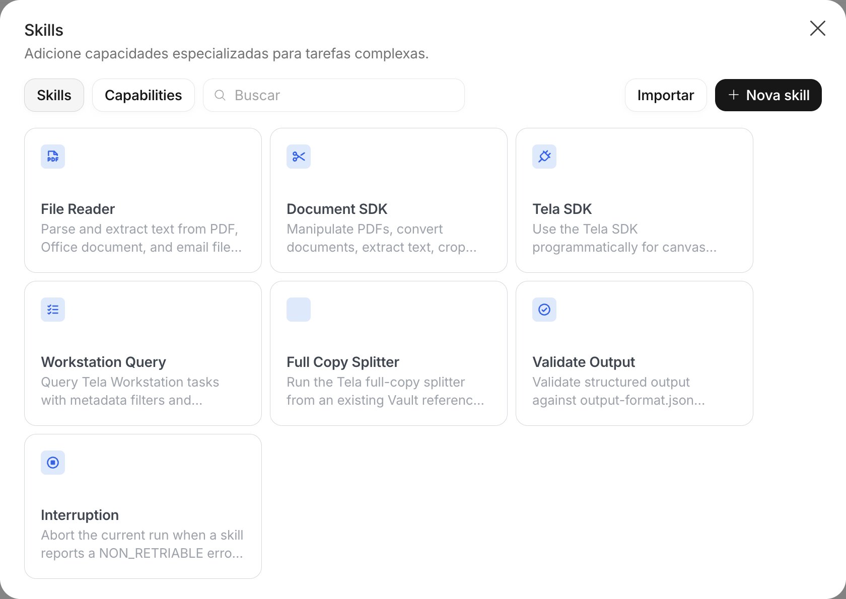 Diálogo Skills com as abas Skills e Capabilities, a busca e os botões Importar e Nova skill