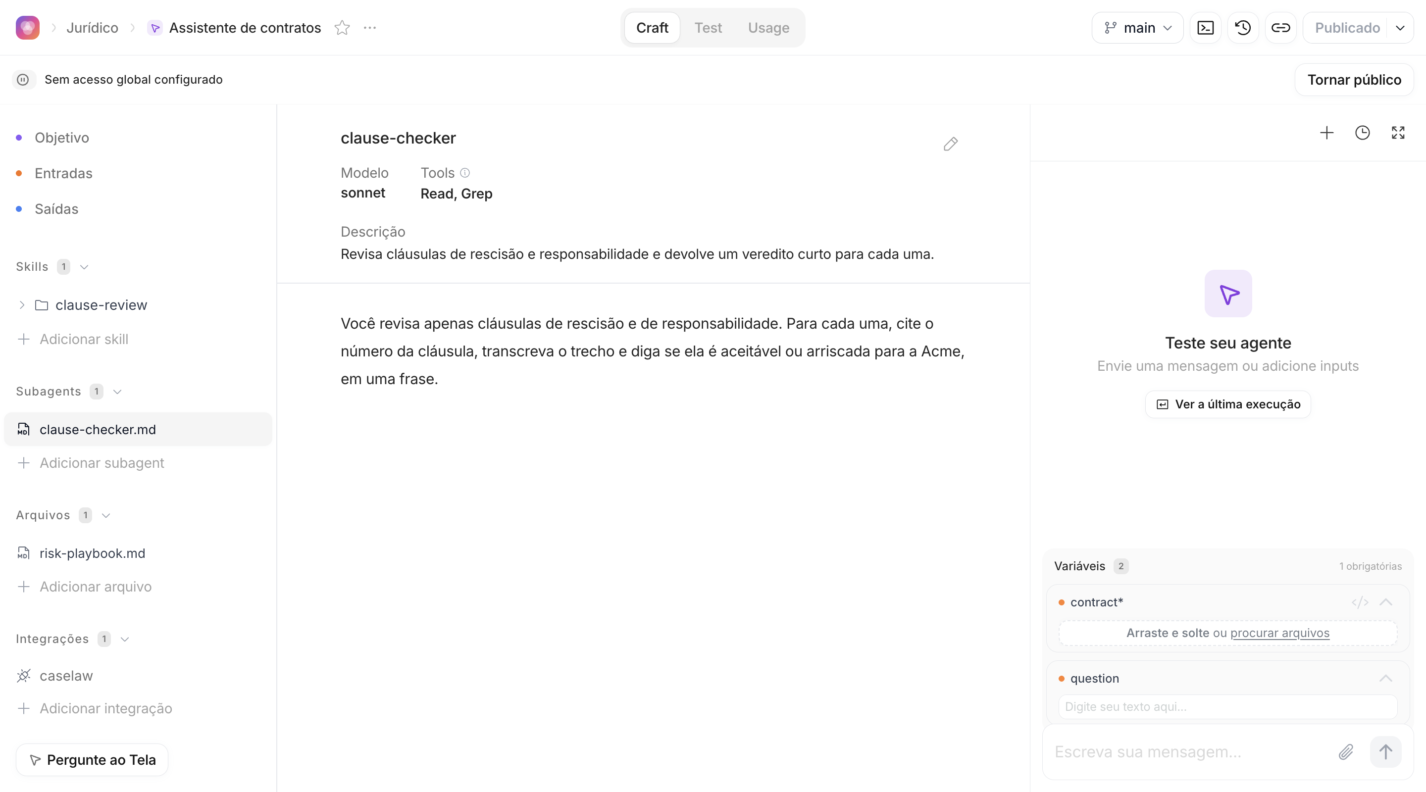 Editor do subagent clause-checker com modelo, tools, descrição e instruções