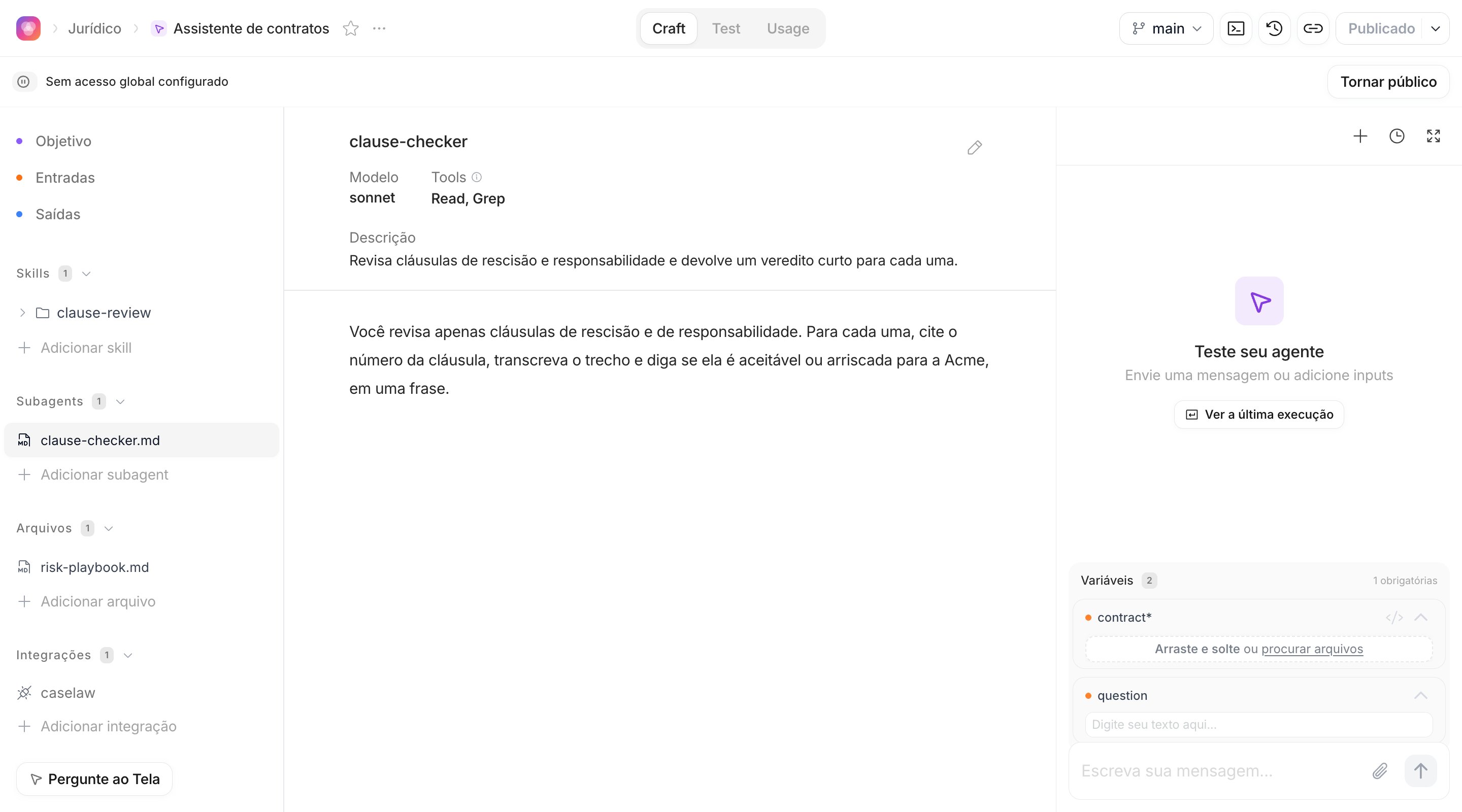 Editor do subagent clause-checker com modelo, tools, descrição e instruções