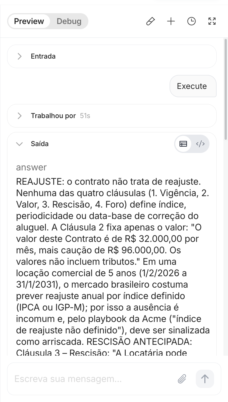 Painel Teste seu agente com a entrada recolhida, a mensagem e o resultado estruturado