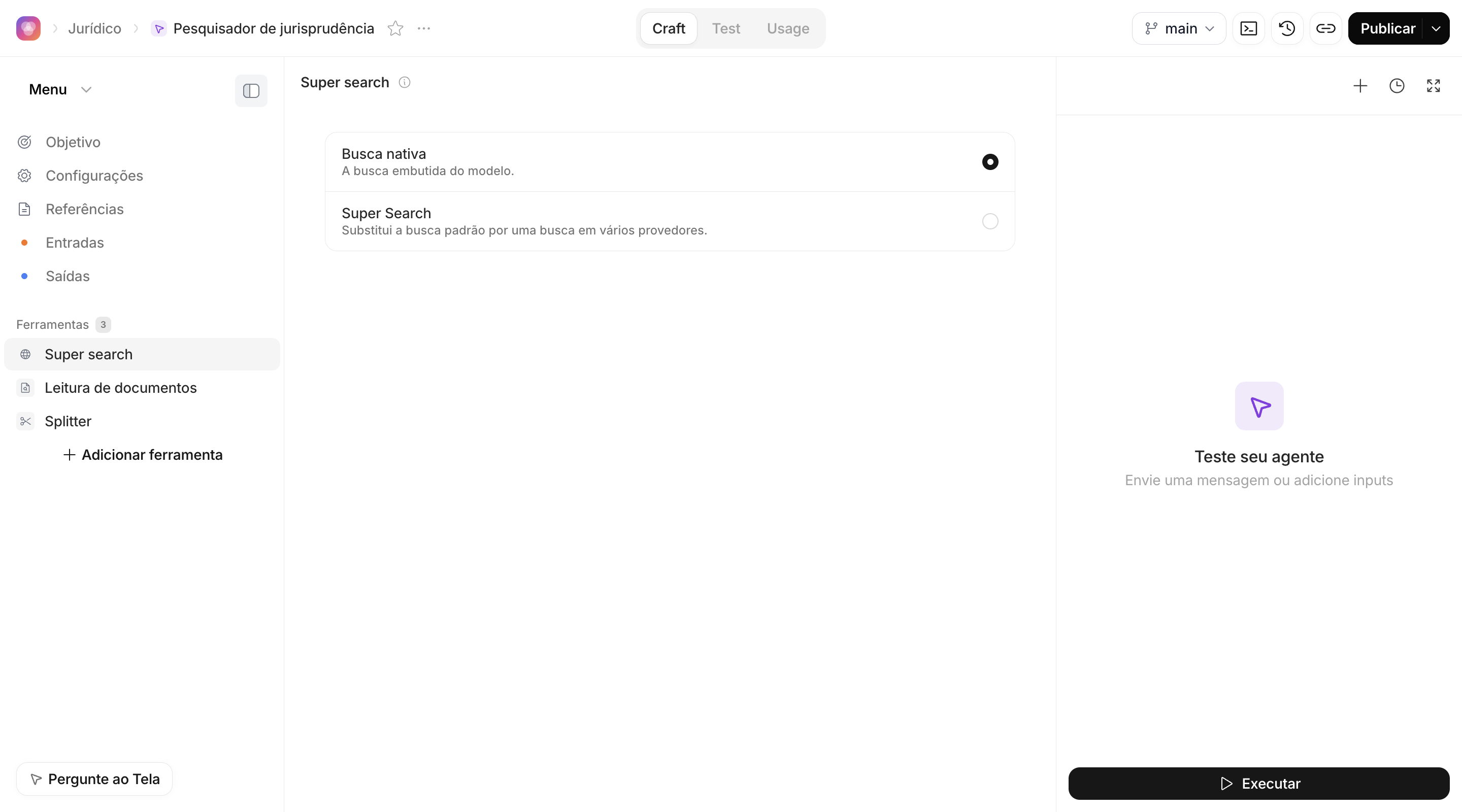 Página de um Agente Lightweight com a ferramenta Super search aberta, mostrando Busca nativa e Super Search