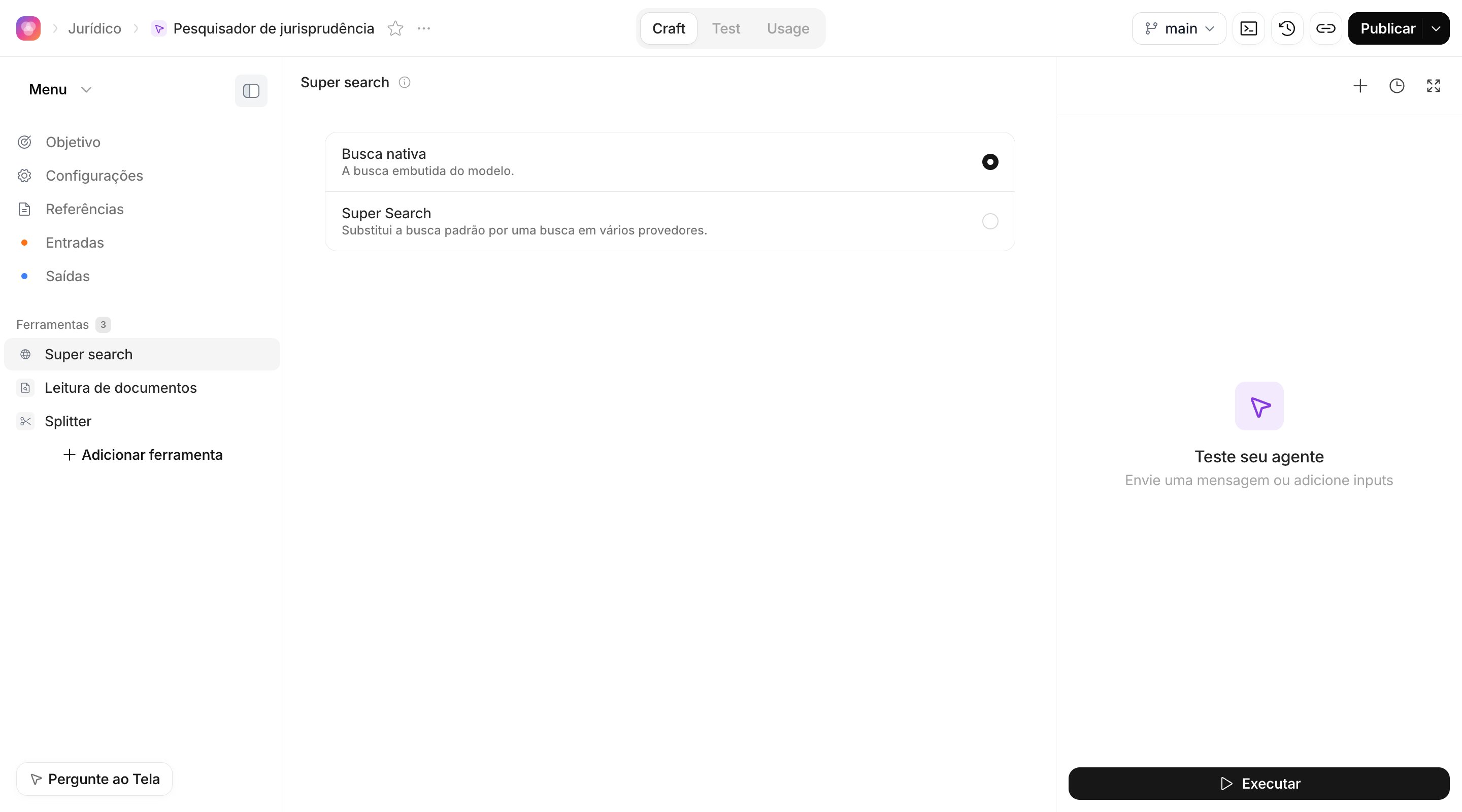 Página de um Agente Lightweight com a ferramenta Super search aberta, mostrando Busca nativa e Super Search