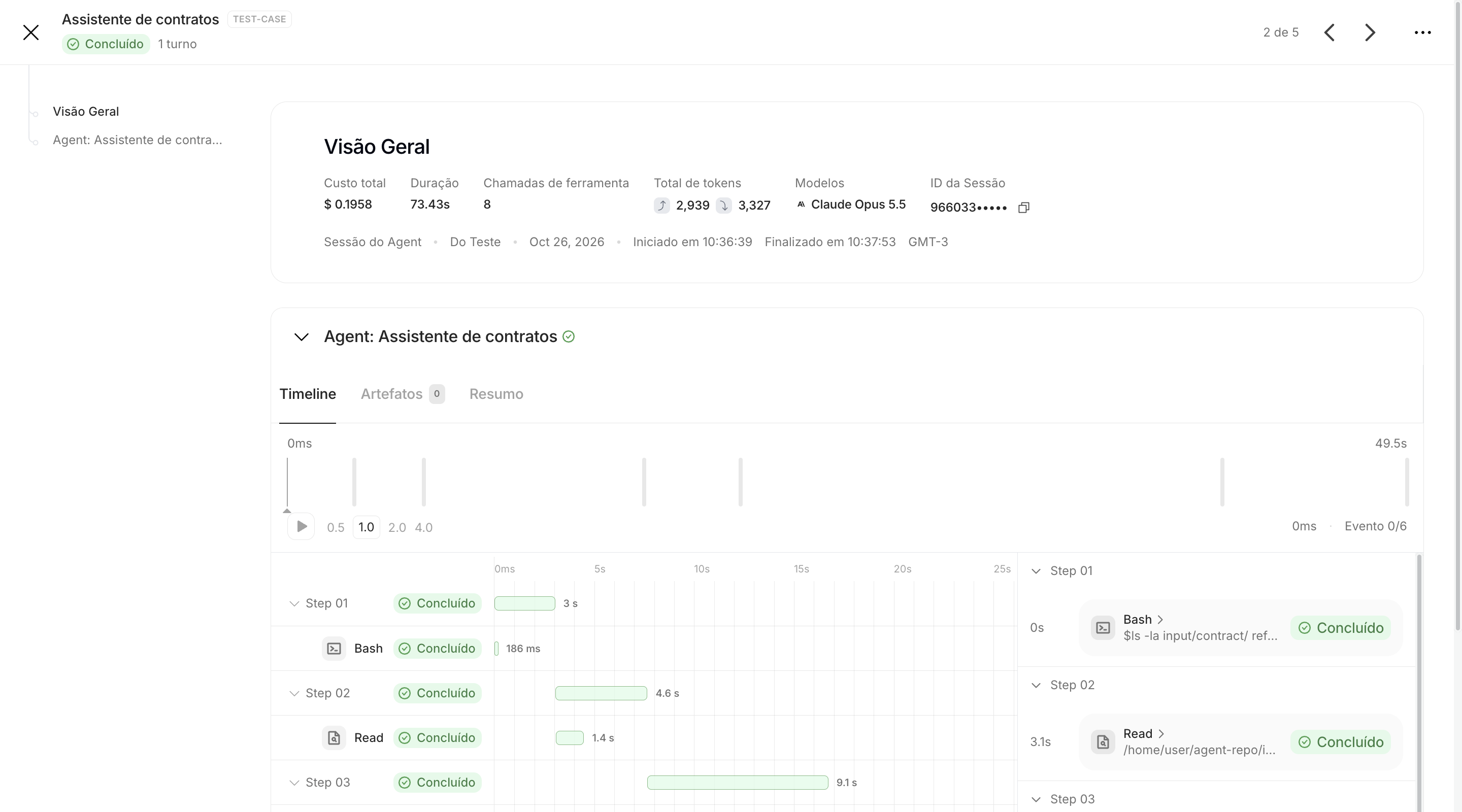 Detalhes da execução de uma sessão, com a visão geral e a timeline de etapas