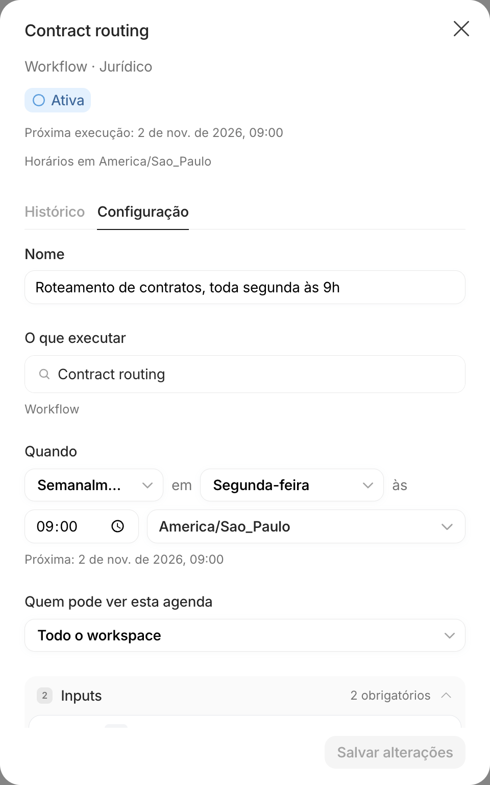 Aba Configuração de uma agenda semanal ativa, com nome, destino, frequência, fuso horário e inputs