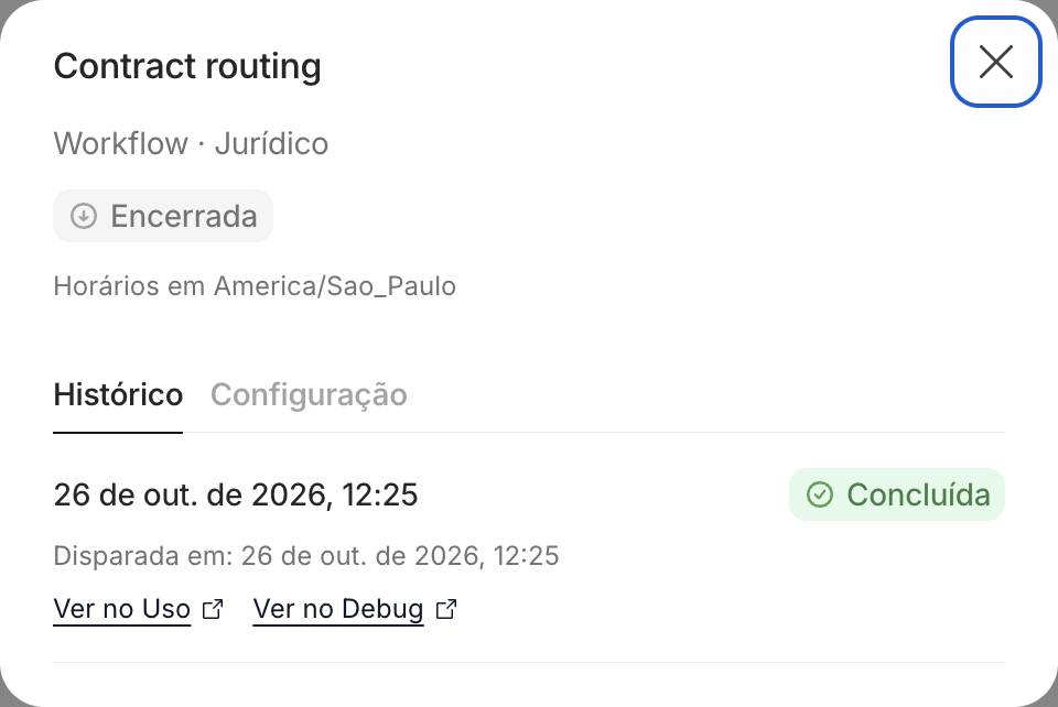Detalhes da agenda única encerrada, aba Histórico, com a execução Concluída e os links Ver no Uso e Ver no Debug