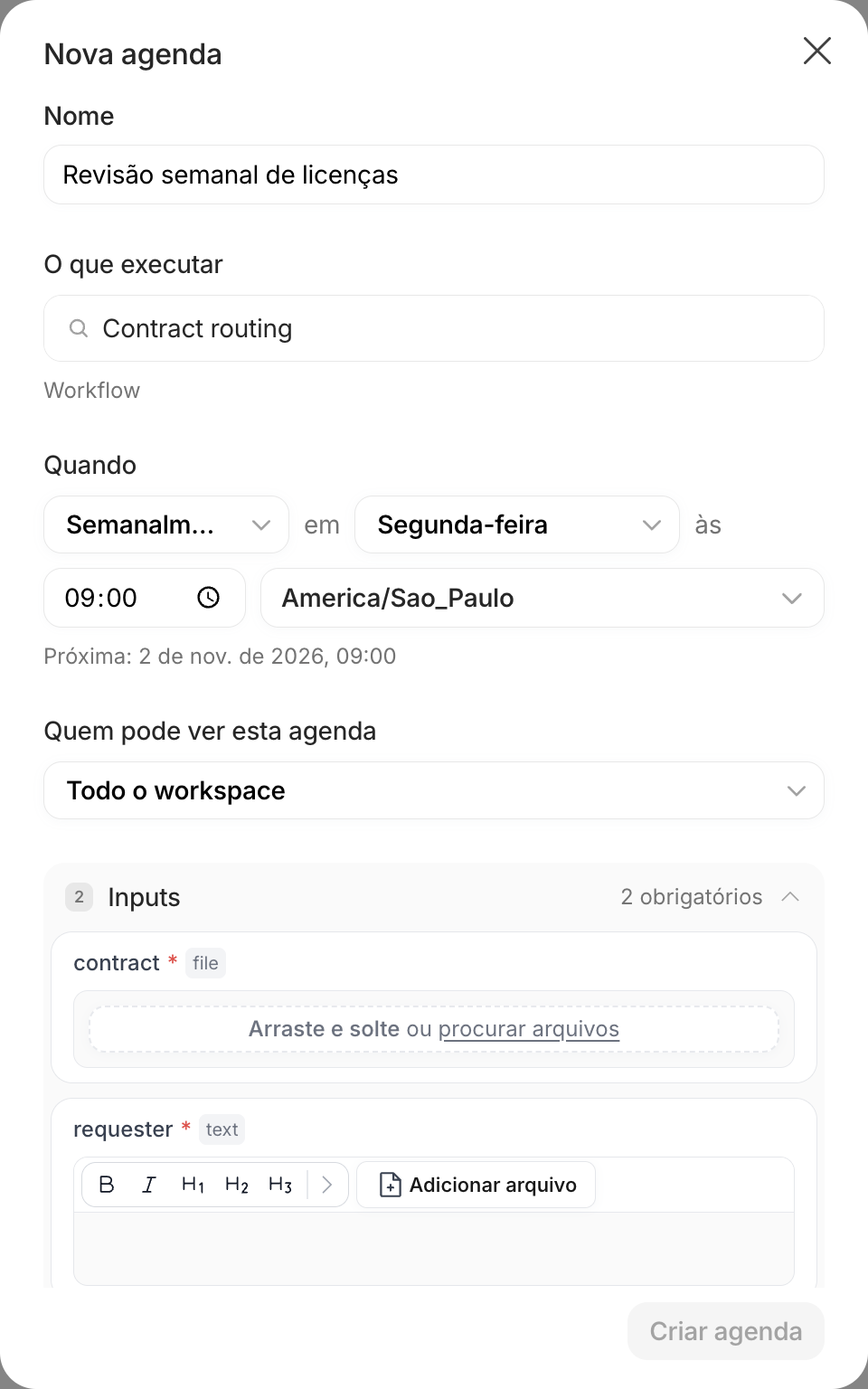 Diálogo Nova agenda com nome, Contract routing como destino, Semanalmente na segunda-feira às 09:00, fuso horário e a seção Inputs