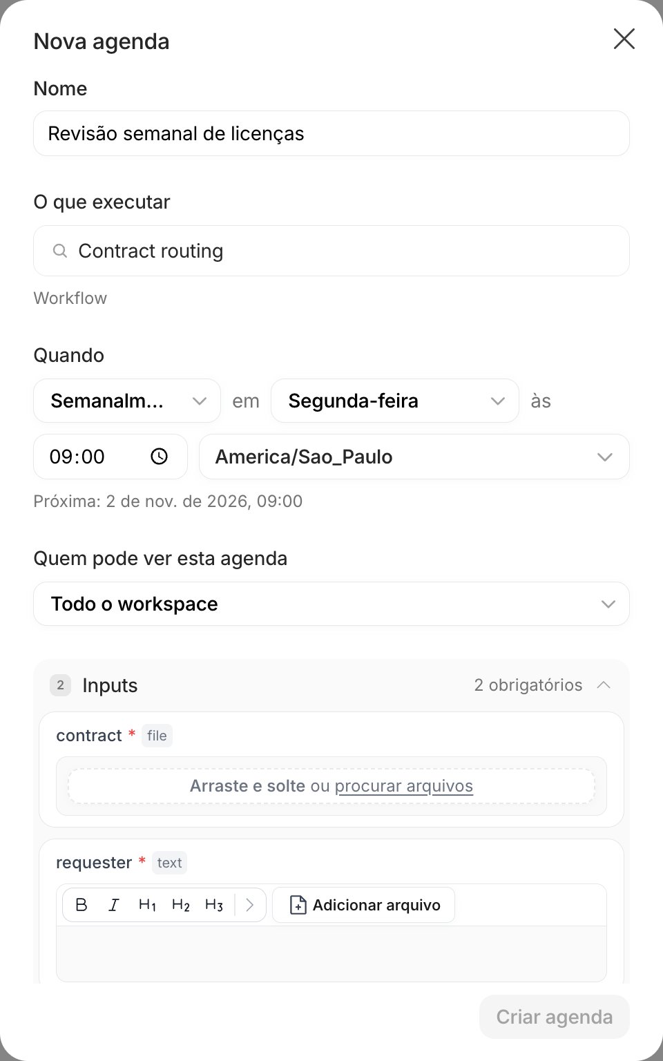 Diálogo Nova agenda com nome, Contract routing como destino, Semanalmente na segunda-feira às 09:00, fuso horário e a seção Inputs