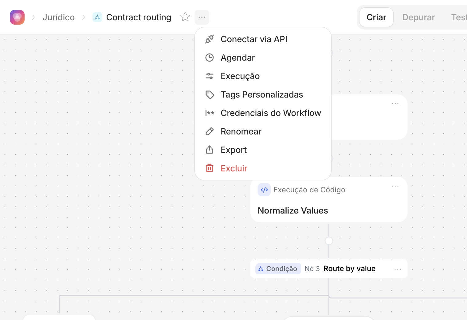 Menu … de um Workflow com a opção Agendar