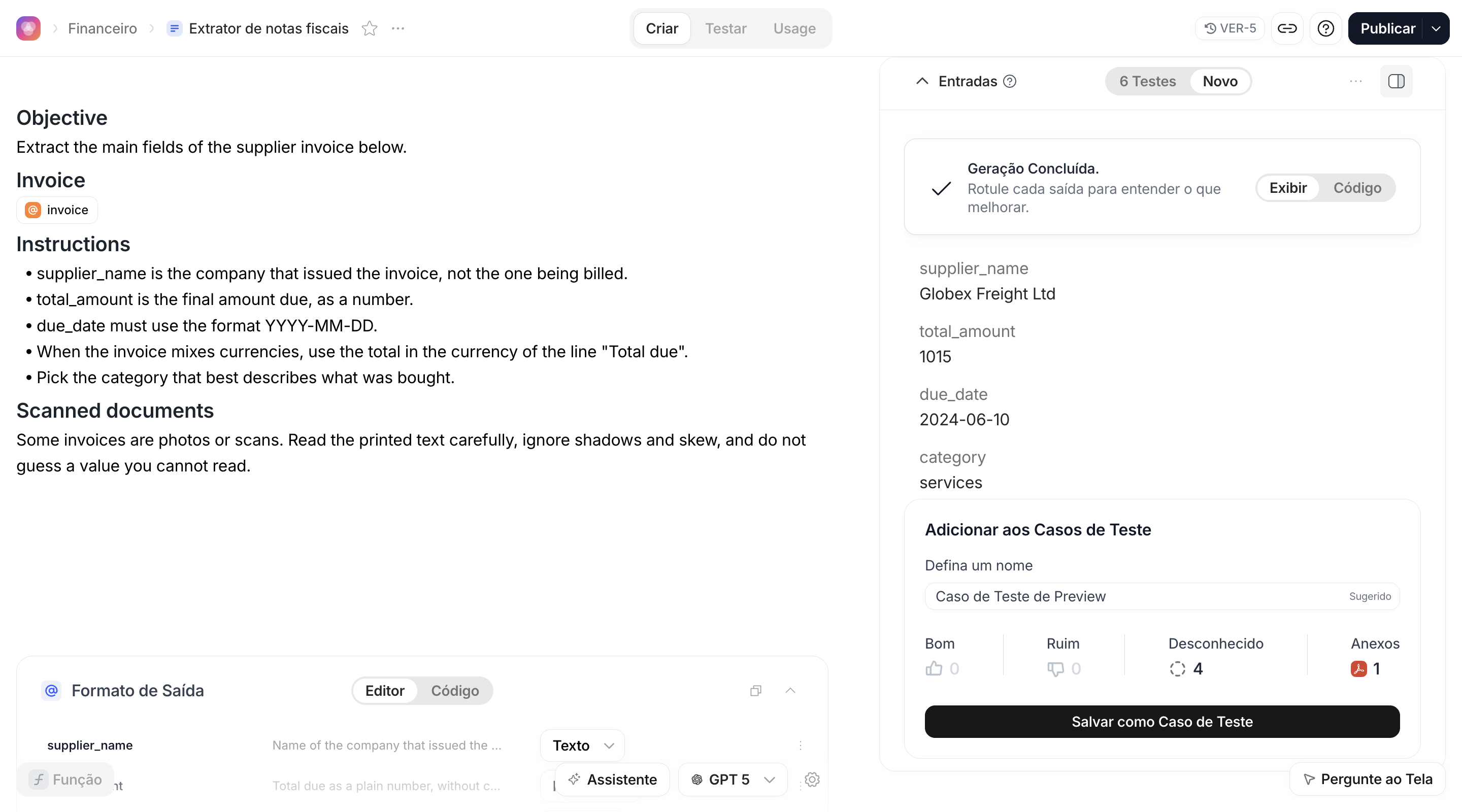 Craft do Canvas de notas fiscais depois de Executar Prévia, com o card Adicionar aos Casos de Teste abaixo do resultado