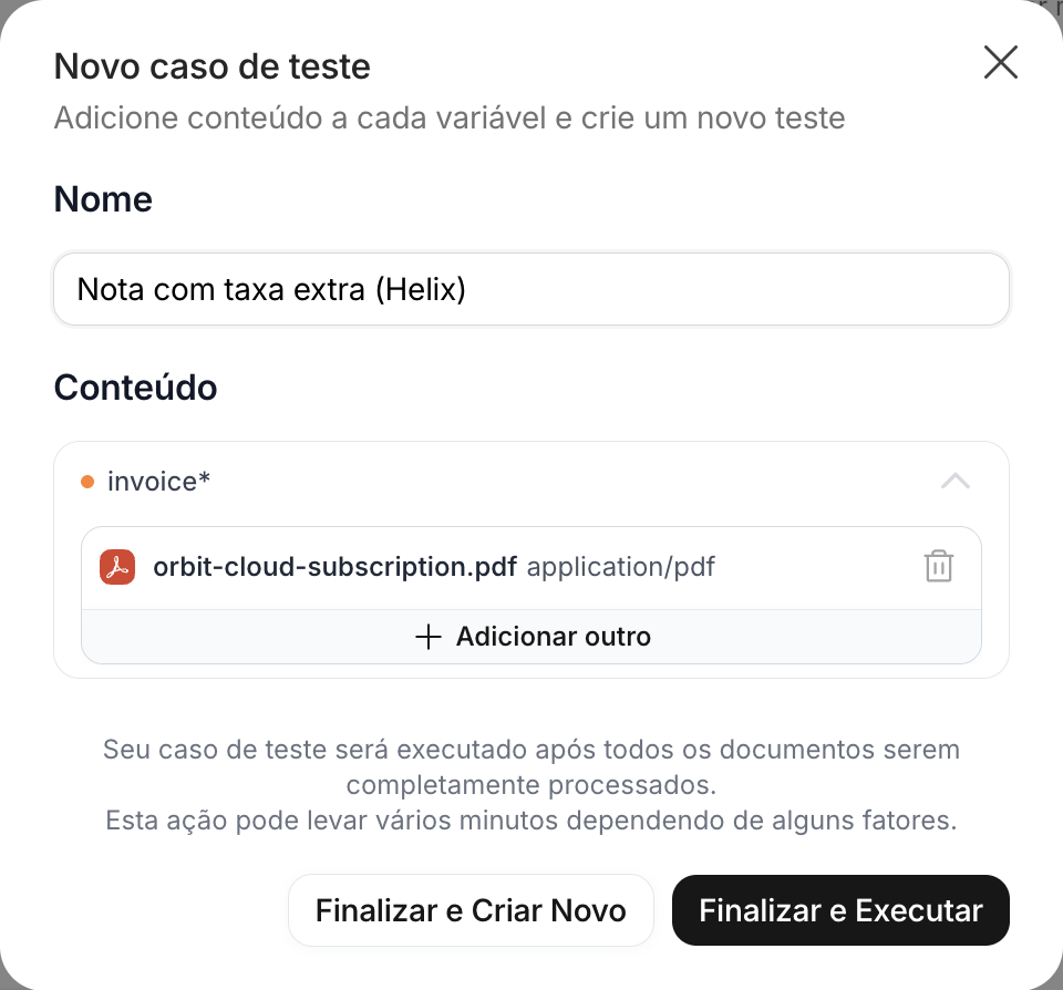 Diálogo Novo caso de teste com o nome e a variável invoice com um PDF anexado