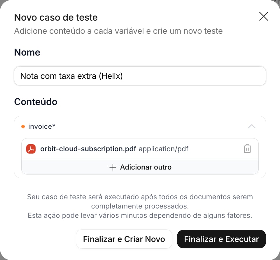 Diálogo Novo caso de teste com o nome e a variável invoice com um PDF anexado
