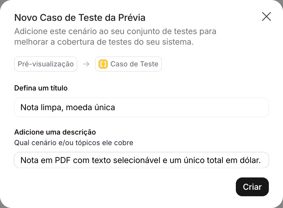 Diálogo Novo Caso de Teste da Prévia com título e descrição