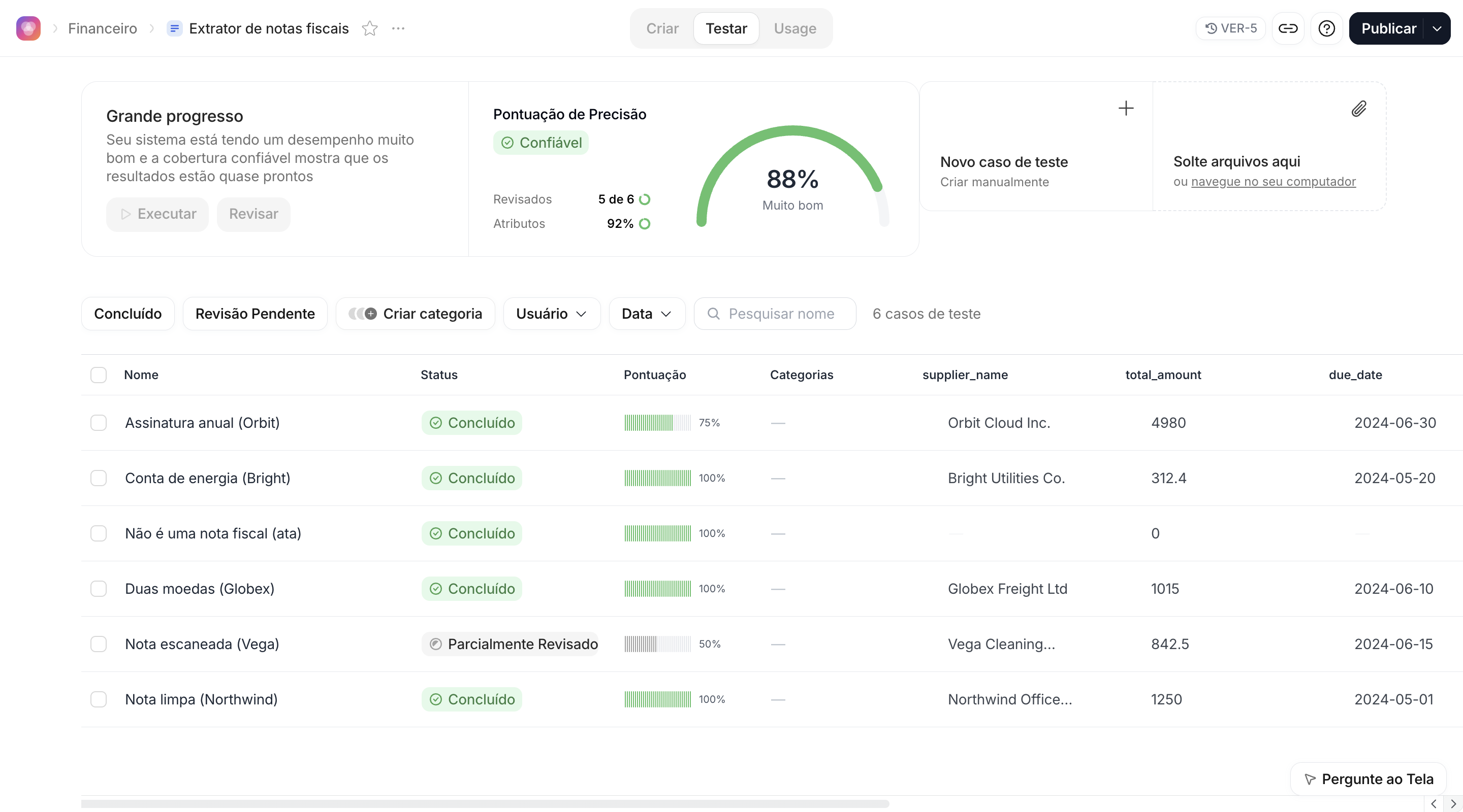 Experiência Testar do Canvas de notas fiscais, com o card de resumo, os cards Novo caso de teste e Solte arquivos aqui e a tabela de Casos de Teste