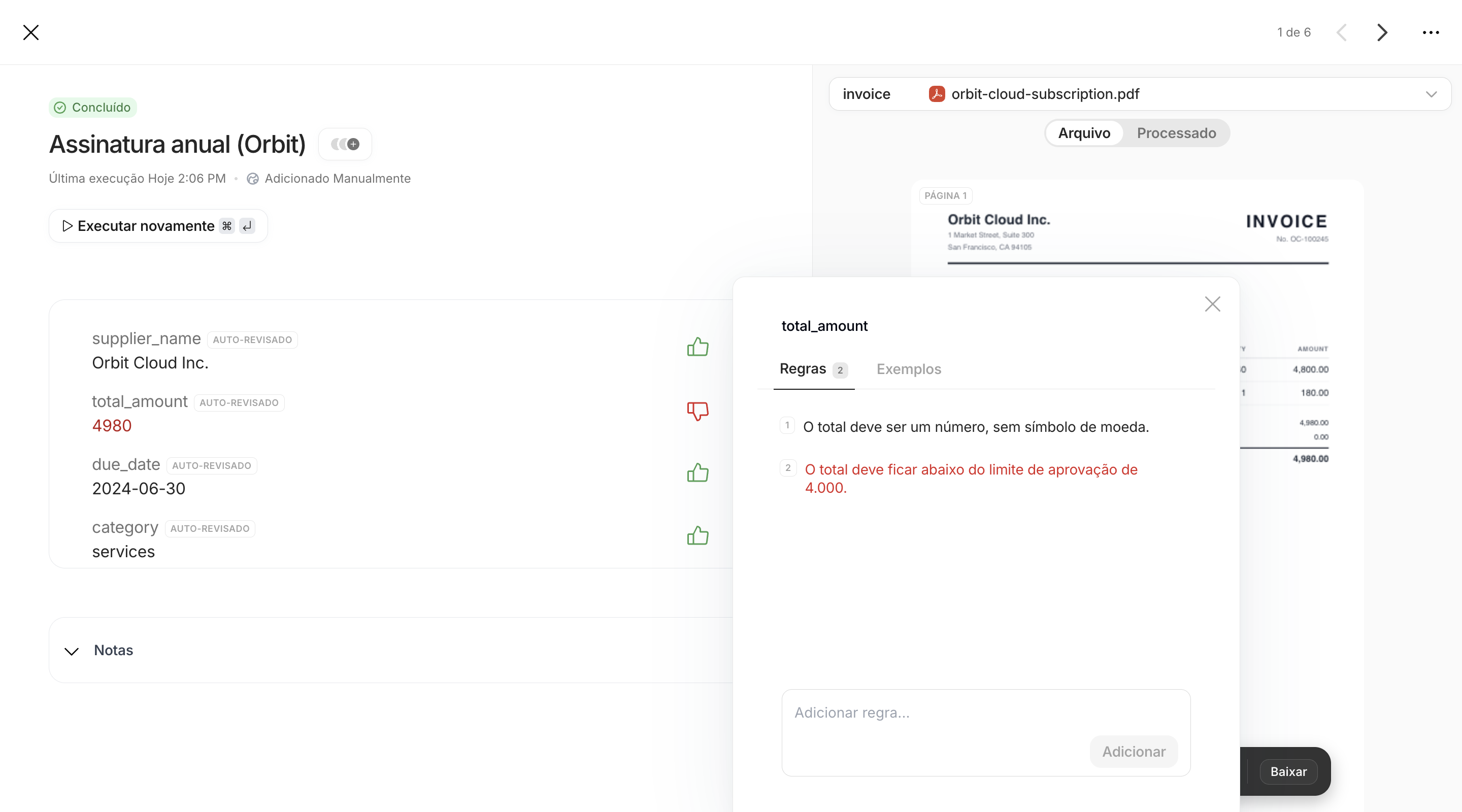 Popover Validações do atributo total_amount, aba Regras, com duas regras e a segunda em vermelho como reprovada