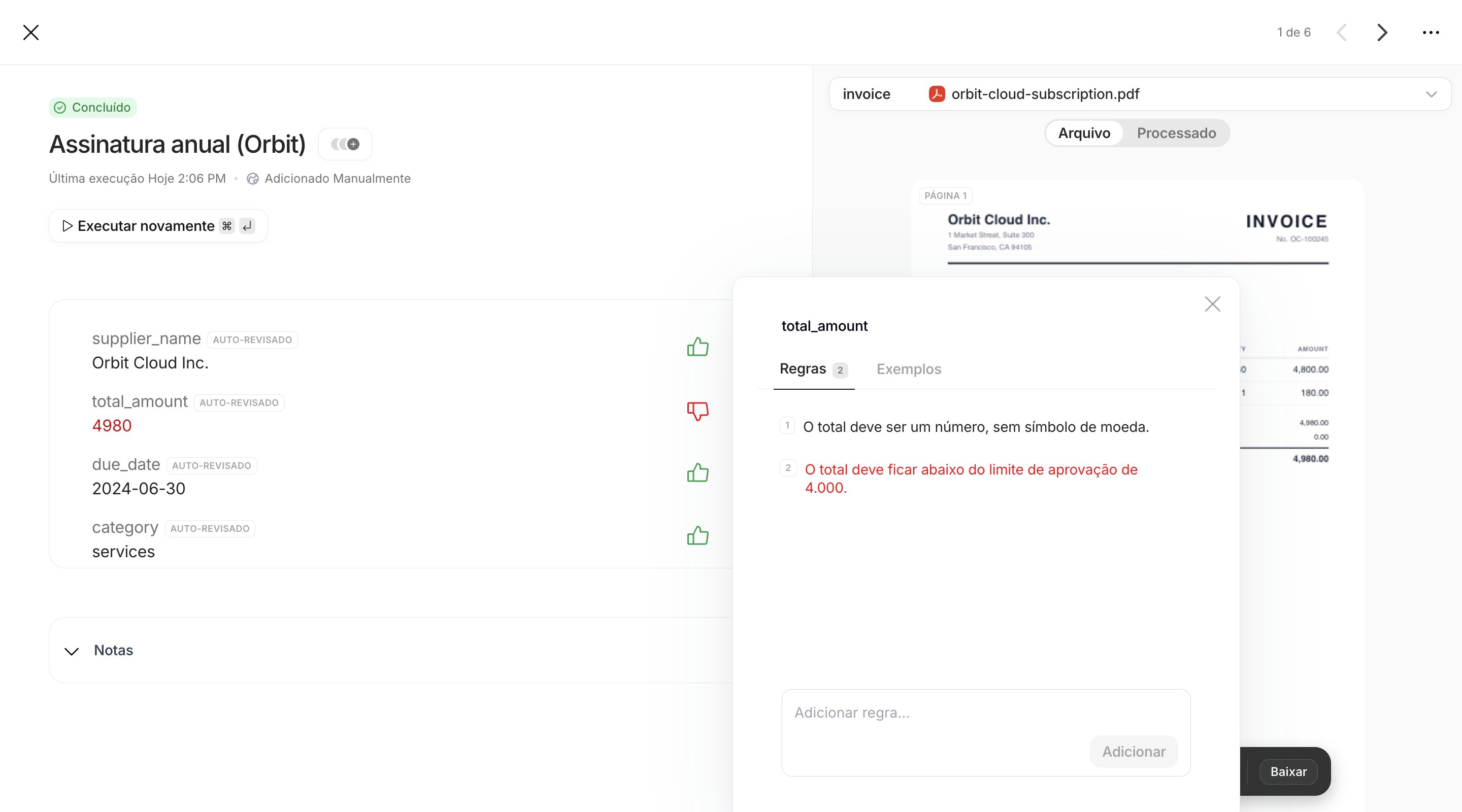Popover Validações do atributo total_amount, aba Regras, com duas regras e a segunda em vermelho como reprovada