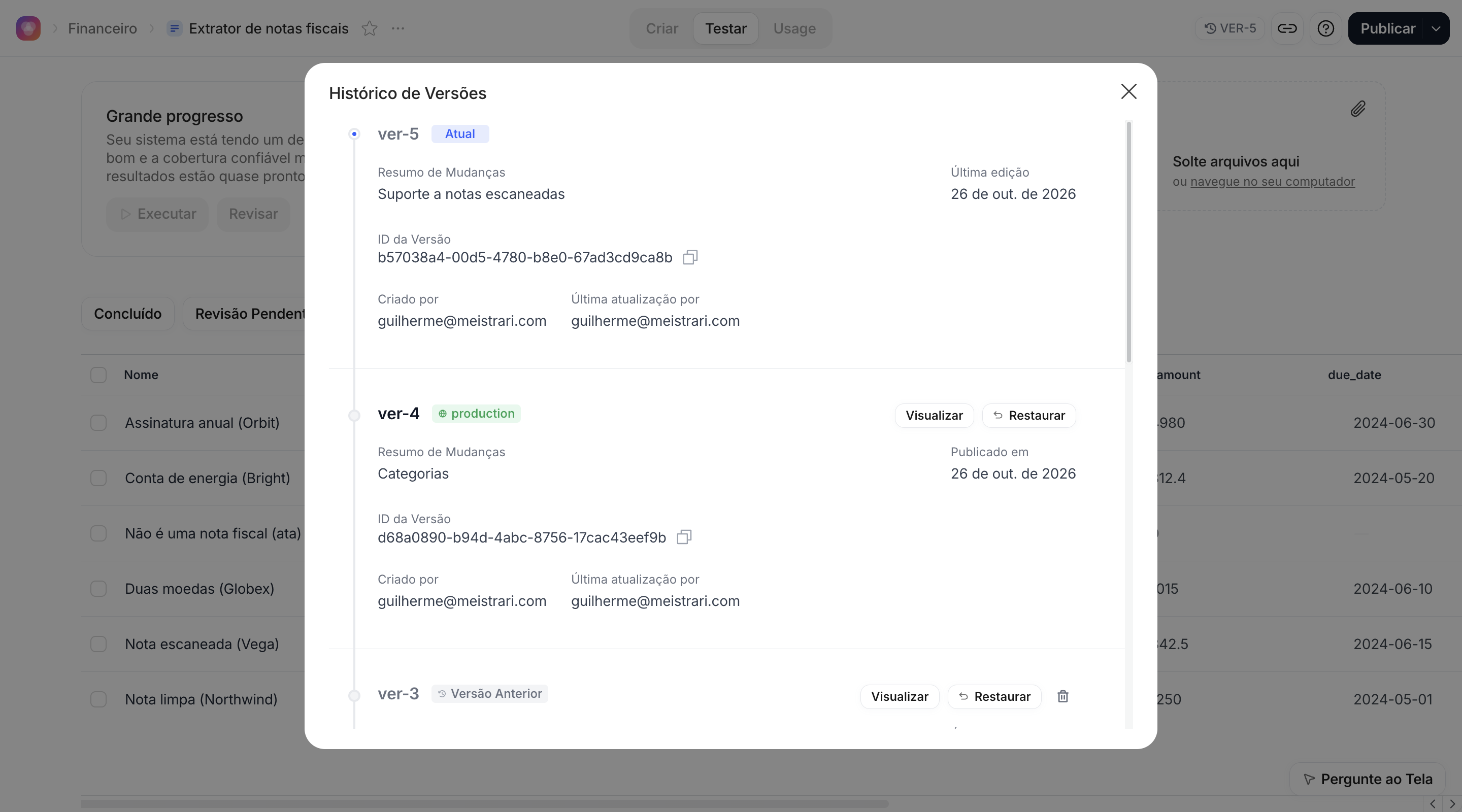 Histórico de Versões do Canvas de notas fiscais com a ver-4 em production e a ver-5 como Atual