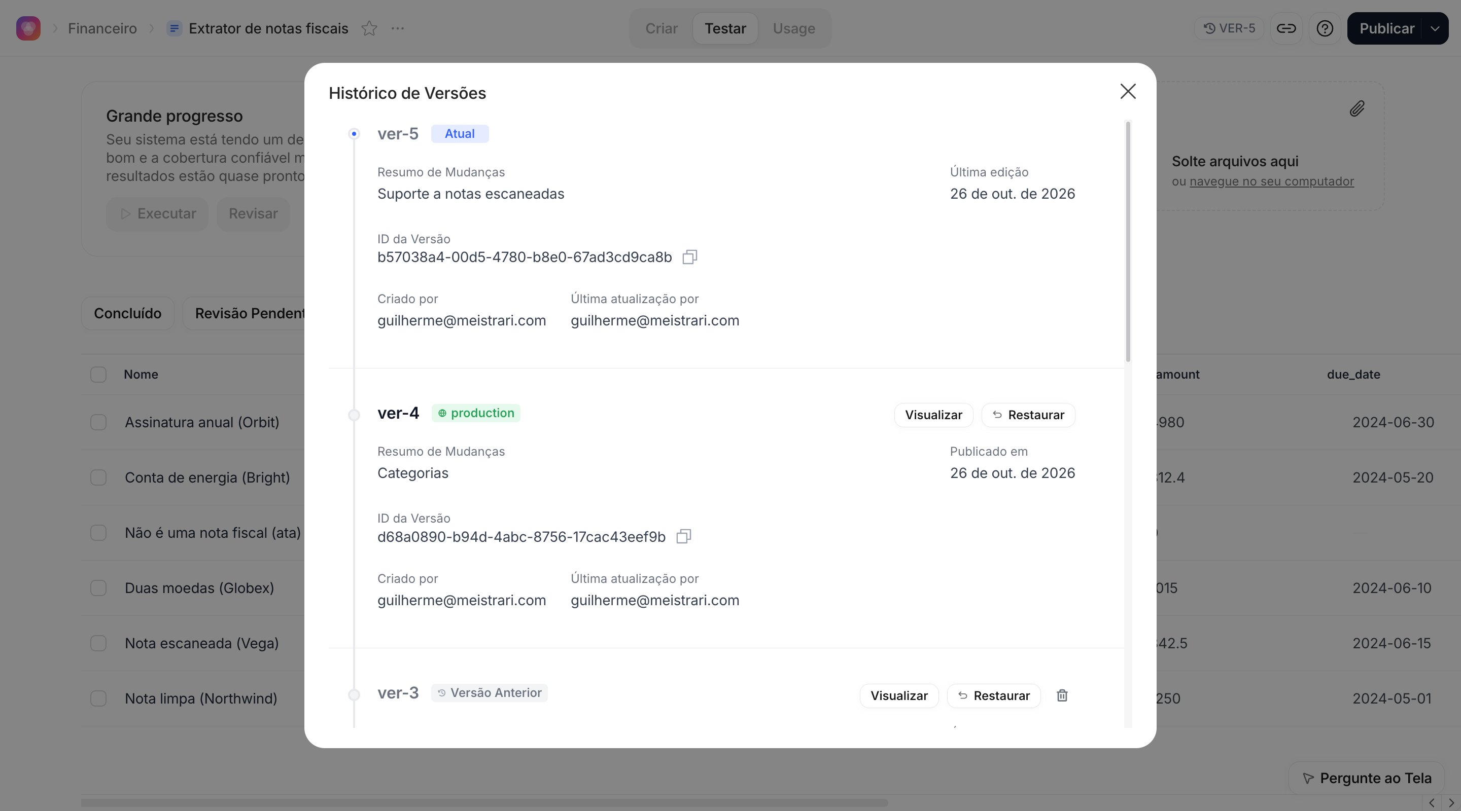 Histórico de Versões do Canvas de notas fiscais com a ver-4 em production e a ver-5 como Atual