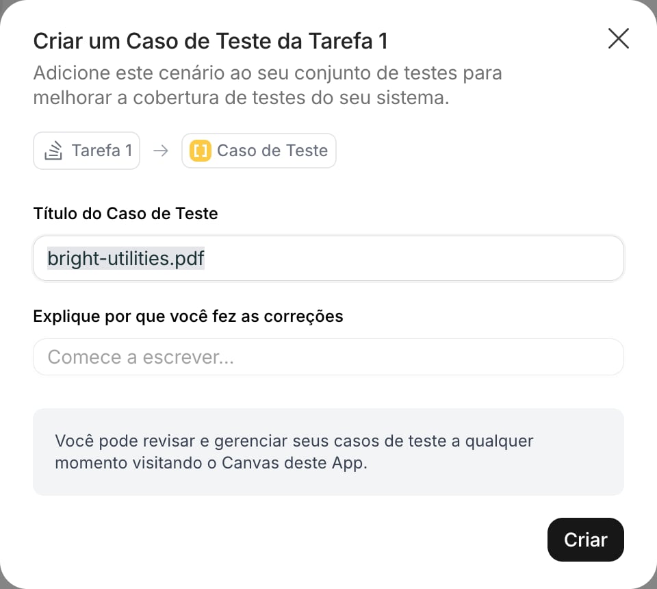 Diálogo Criar um Caso de Teste da Tarefa com título e explicação das correções