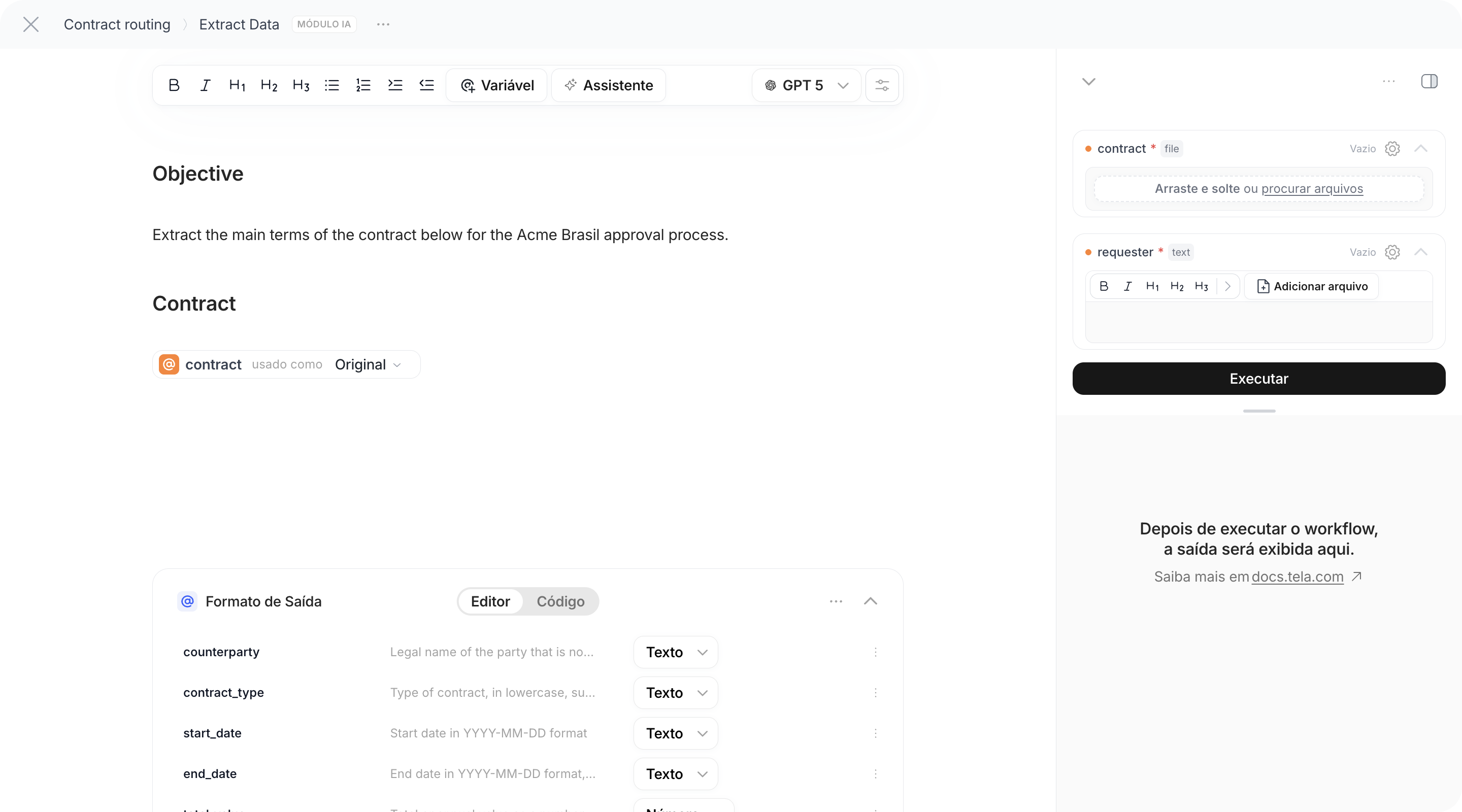 Configuração de um Módulo de IA com o editor de prompt, o seletor de modelo e o Formato de Saída