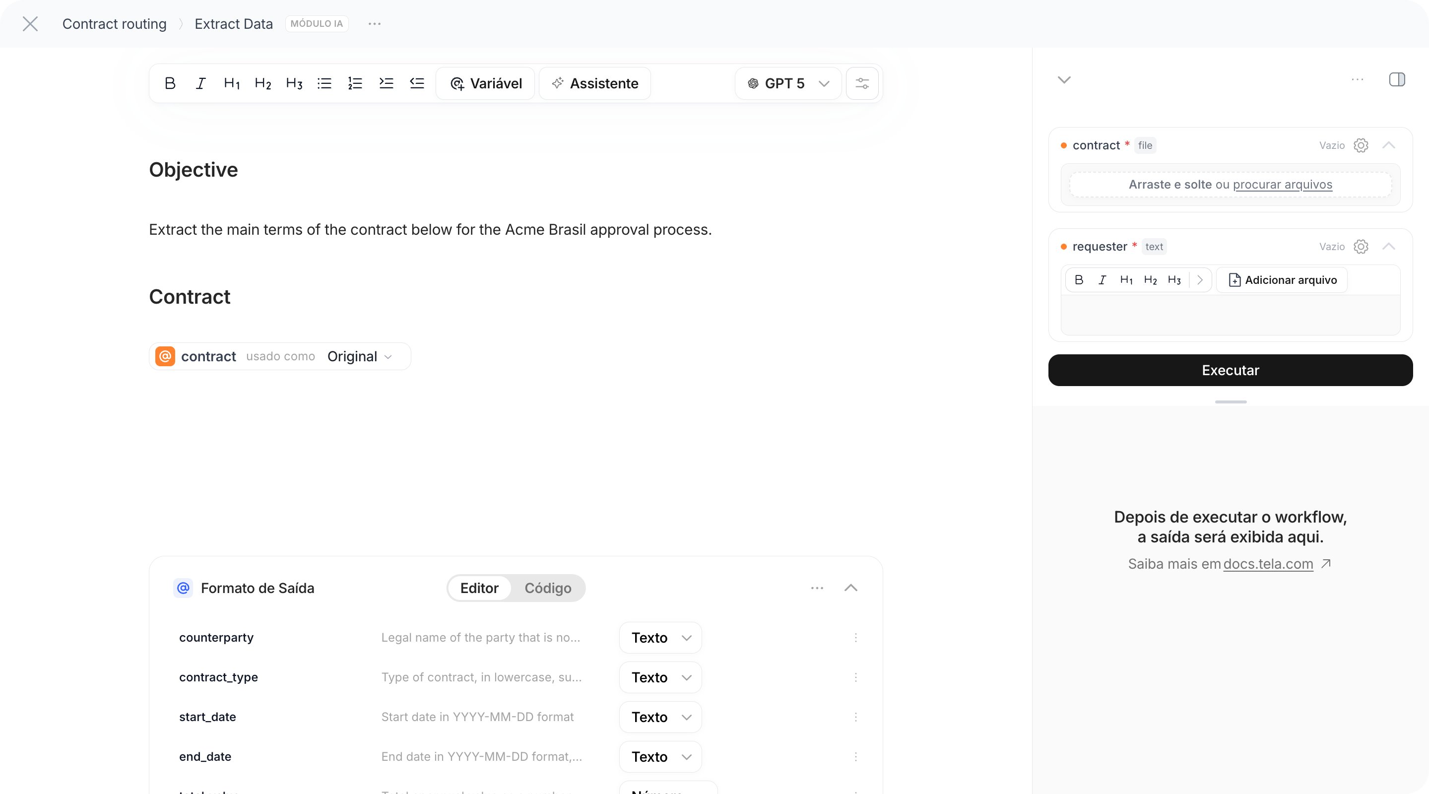 Configuração de um Módulo de IA com o editor de prompt, o seletor de modelo e o Formato de Saída