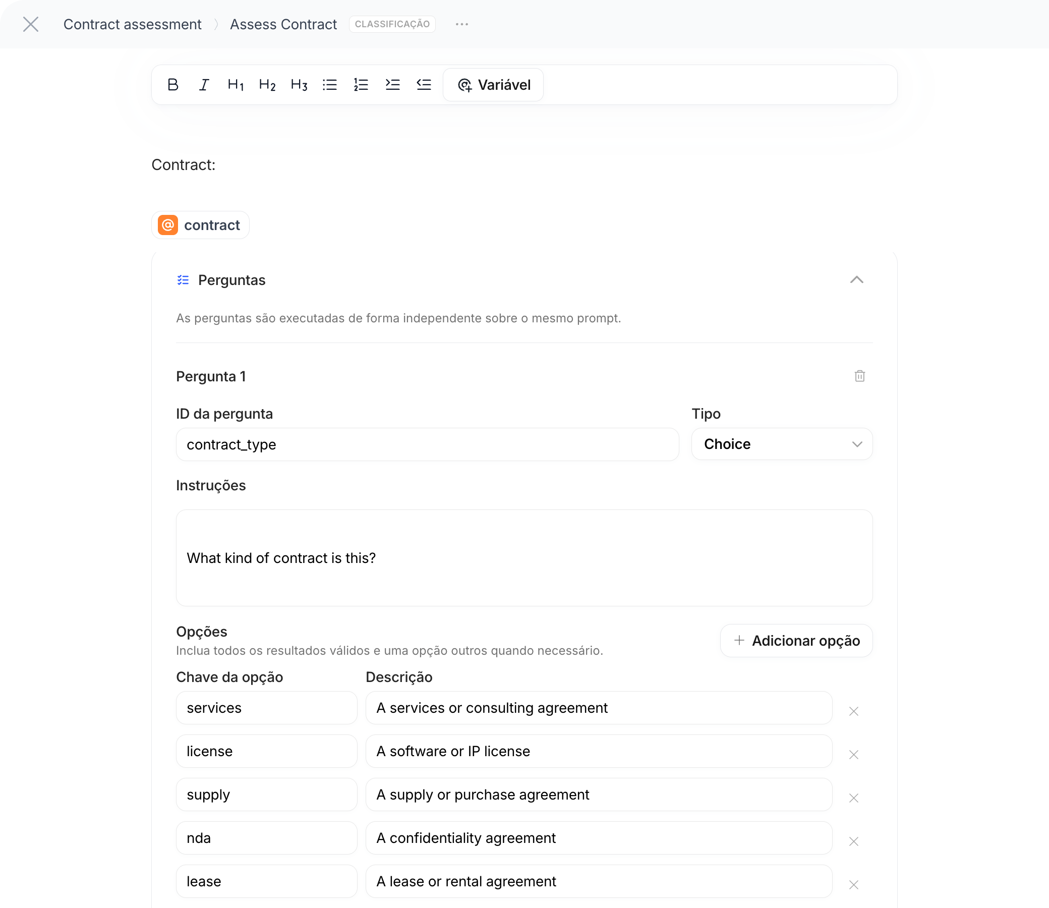 Configuração da Classificação com o prompt e as Perguntas, com tipos Choice e Score