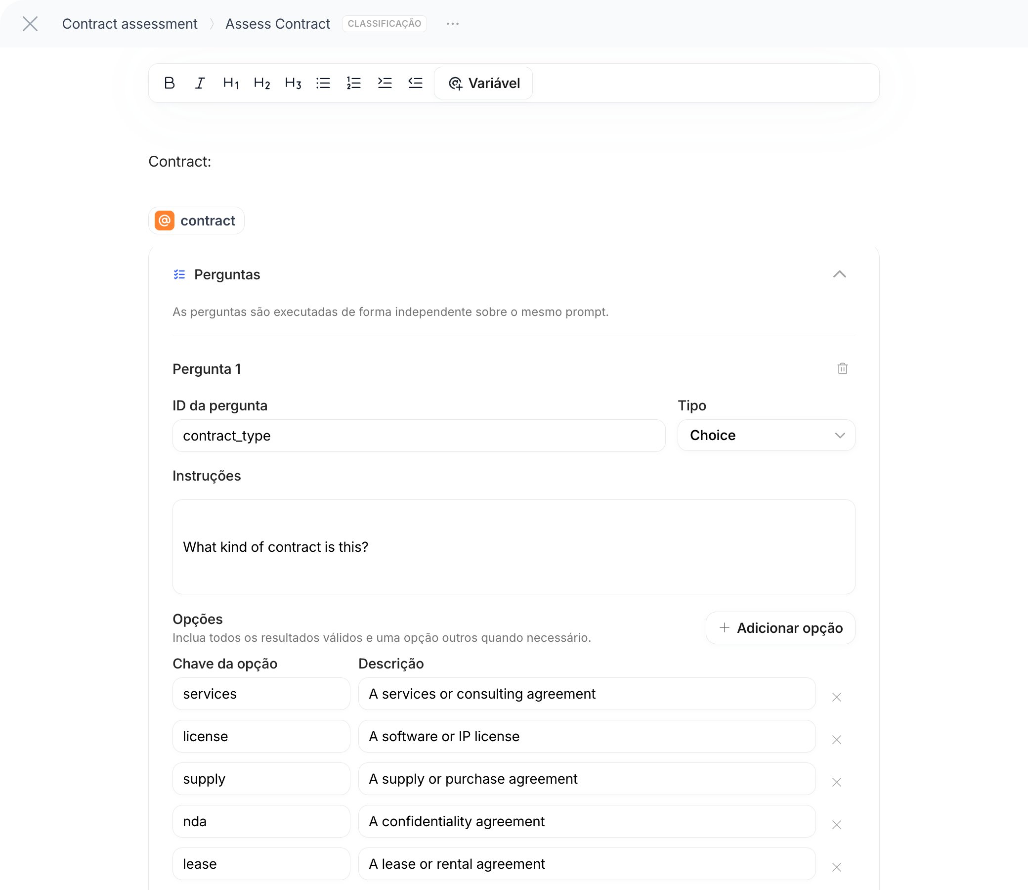 Configuração da Classificação com o prompt e as Perguntas, com tipos Choice e Score