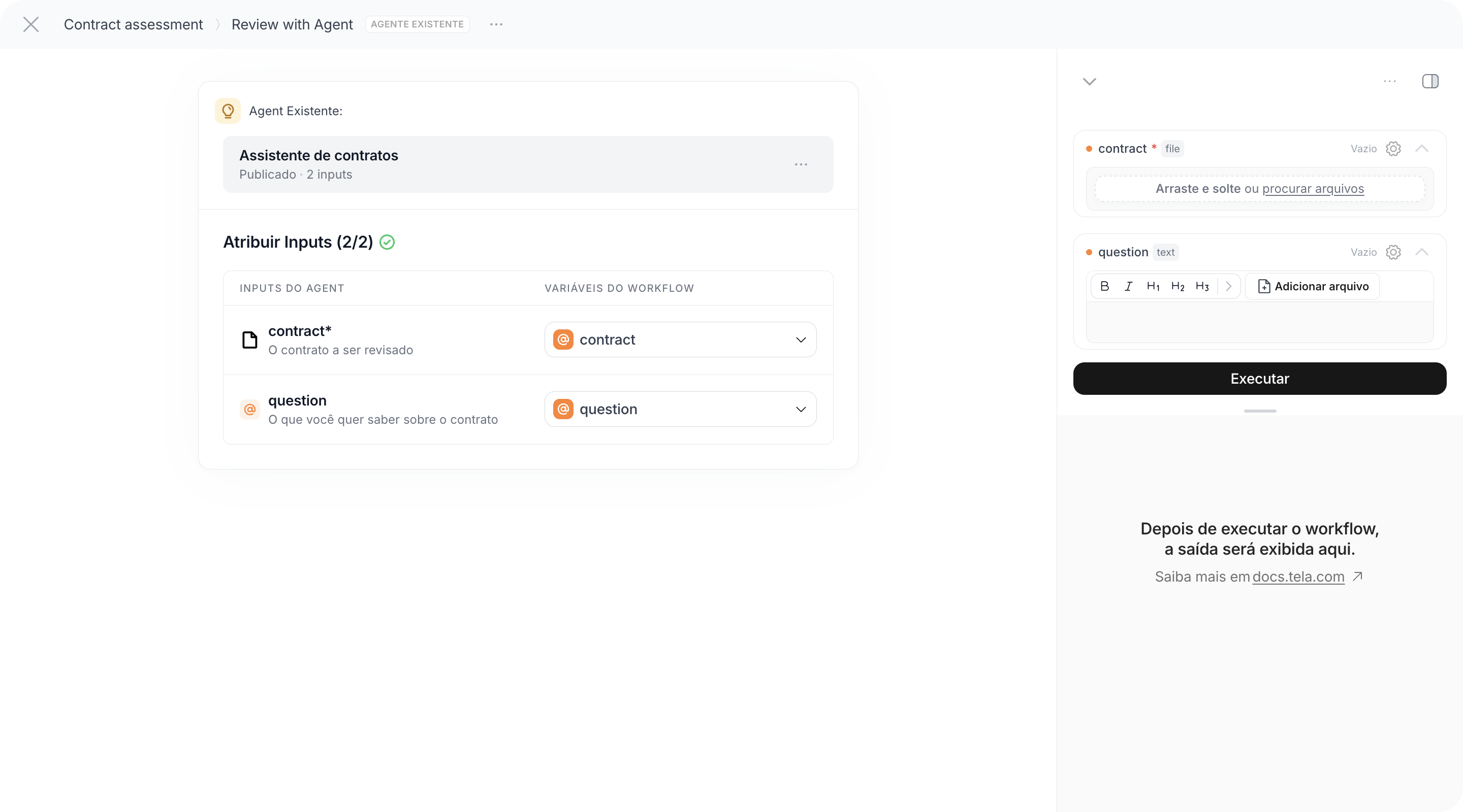Etapa Agent Existente em um Workflow com o painel Atribuir Inputs mapeando contract e question