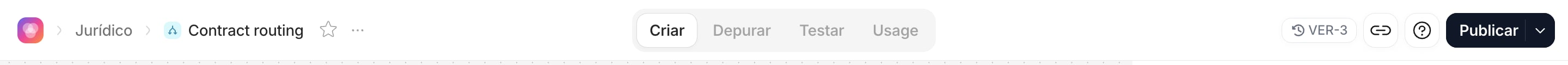 Cabeçalho do Workflow com o seletor de experiências, o botão de versão, o link e o botão Publicar