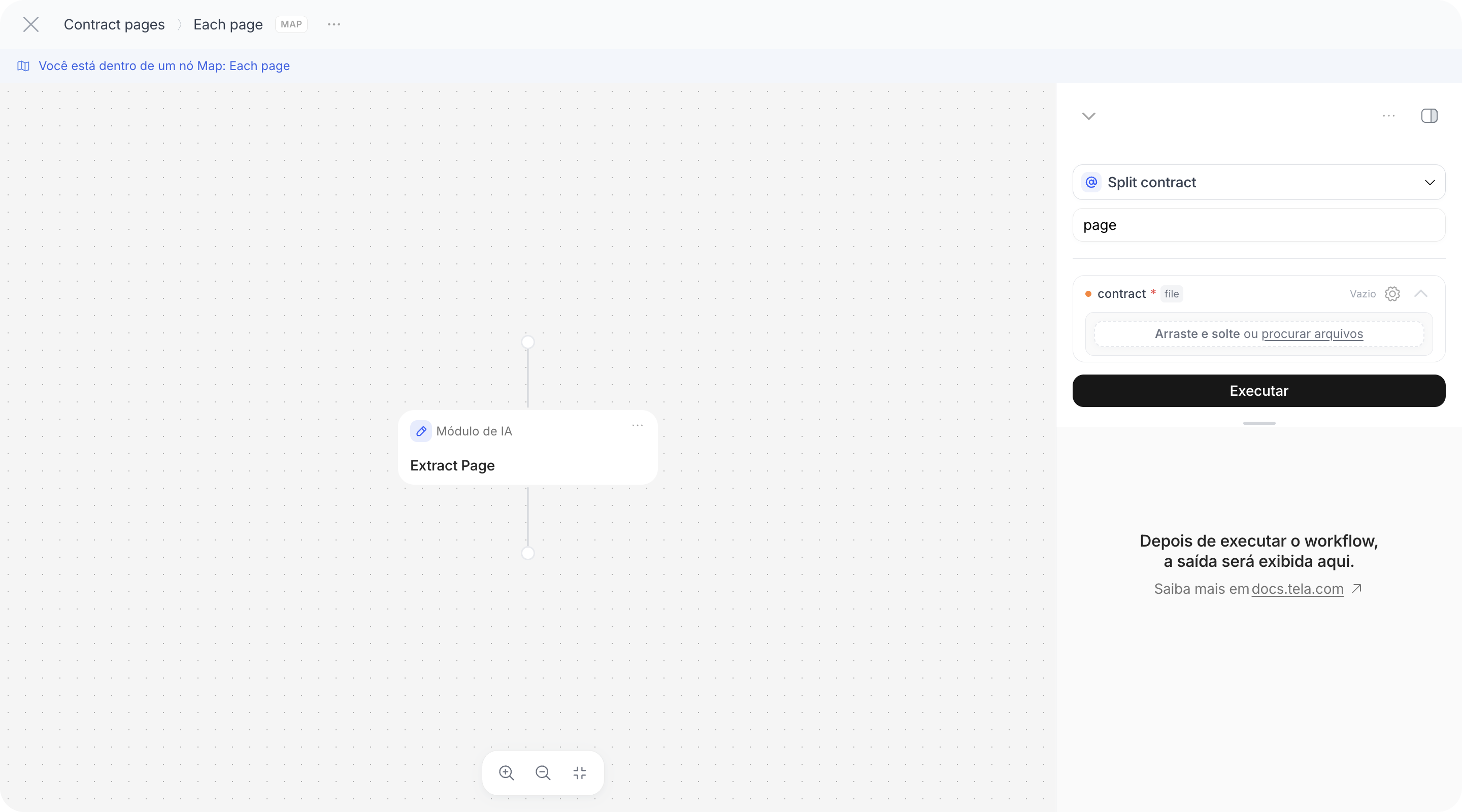Configuração do Mapear com a lista e a variável do Map, e o aviso de que a etapa interna está dentro de um nó Map