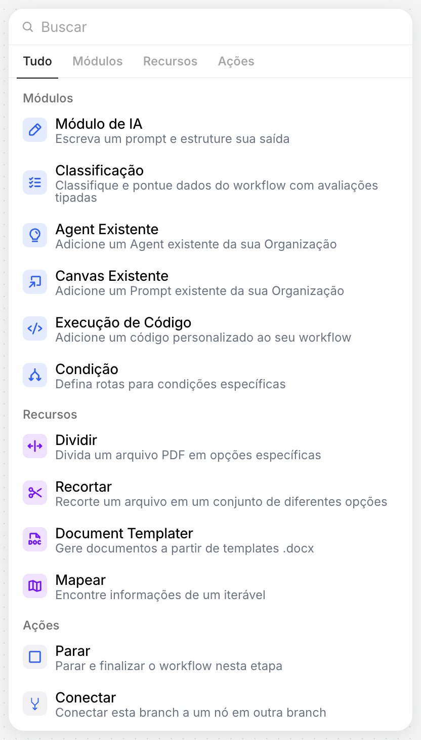 Seletor de módulos com os grupos Módulos e Recursos