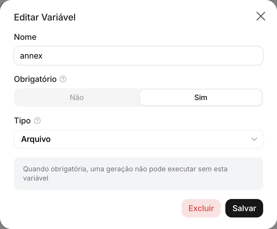 Diálogo de variável com Nome, Obrigatório e Tipo