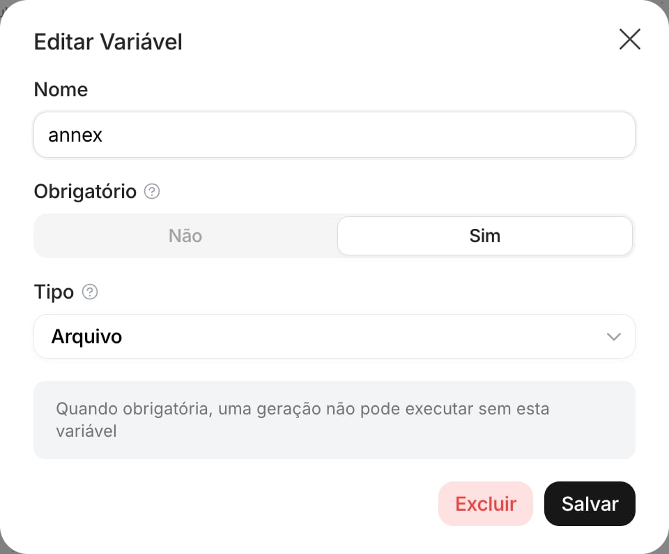 Diálogo de variável com Nome, Obrigatório e Tipo