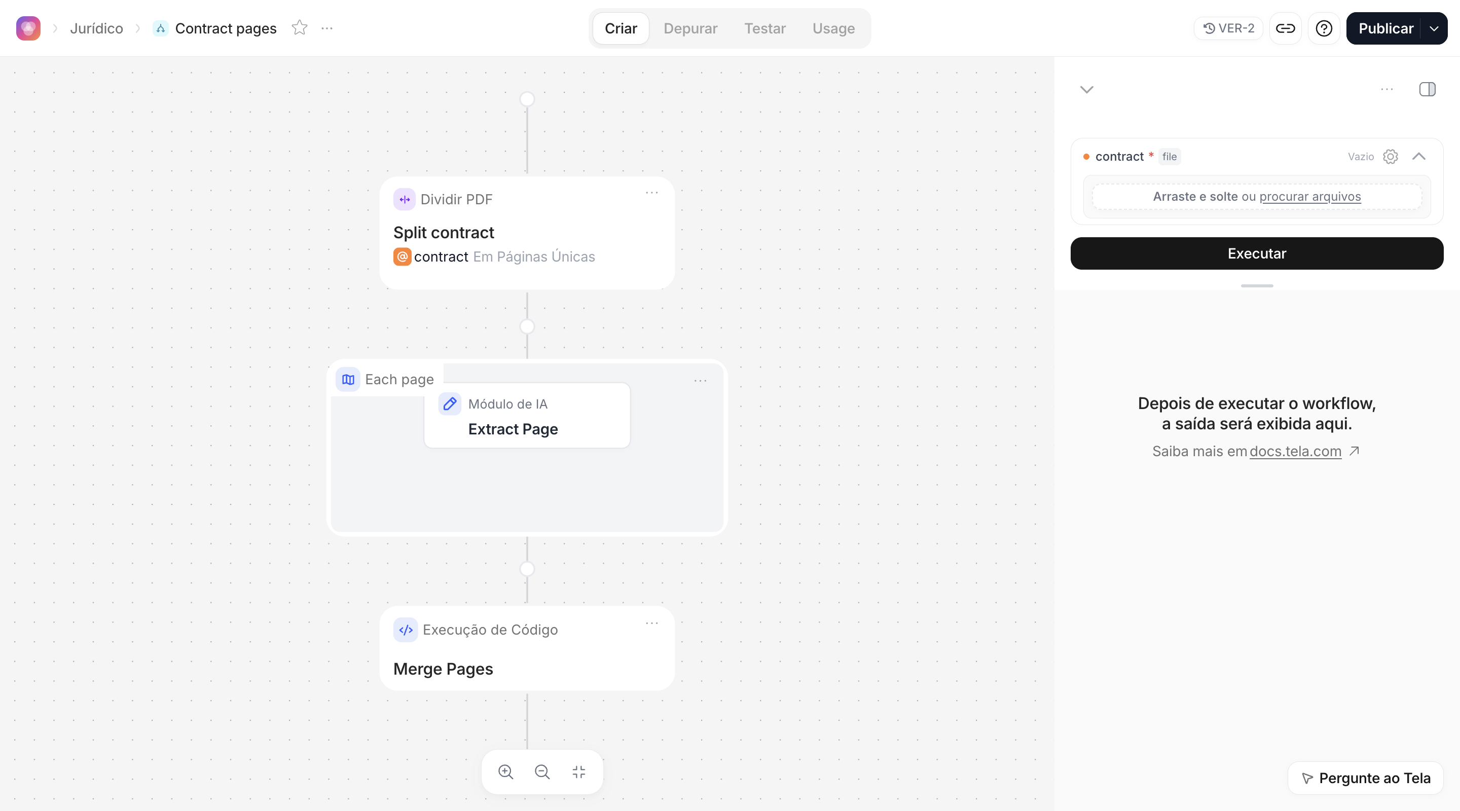 Workflow com uma etapa Dividir PDF, um Mapear com Extract Page dentro e uma etapa de Execução de Código