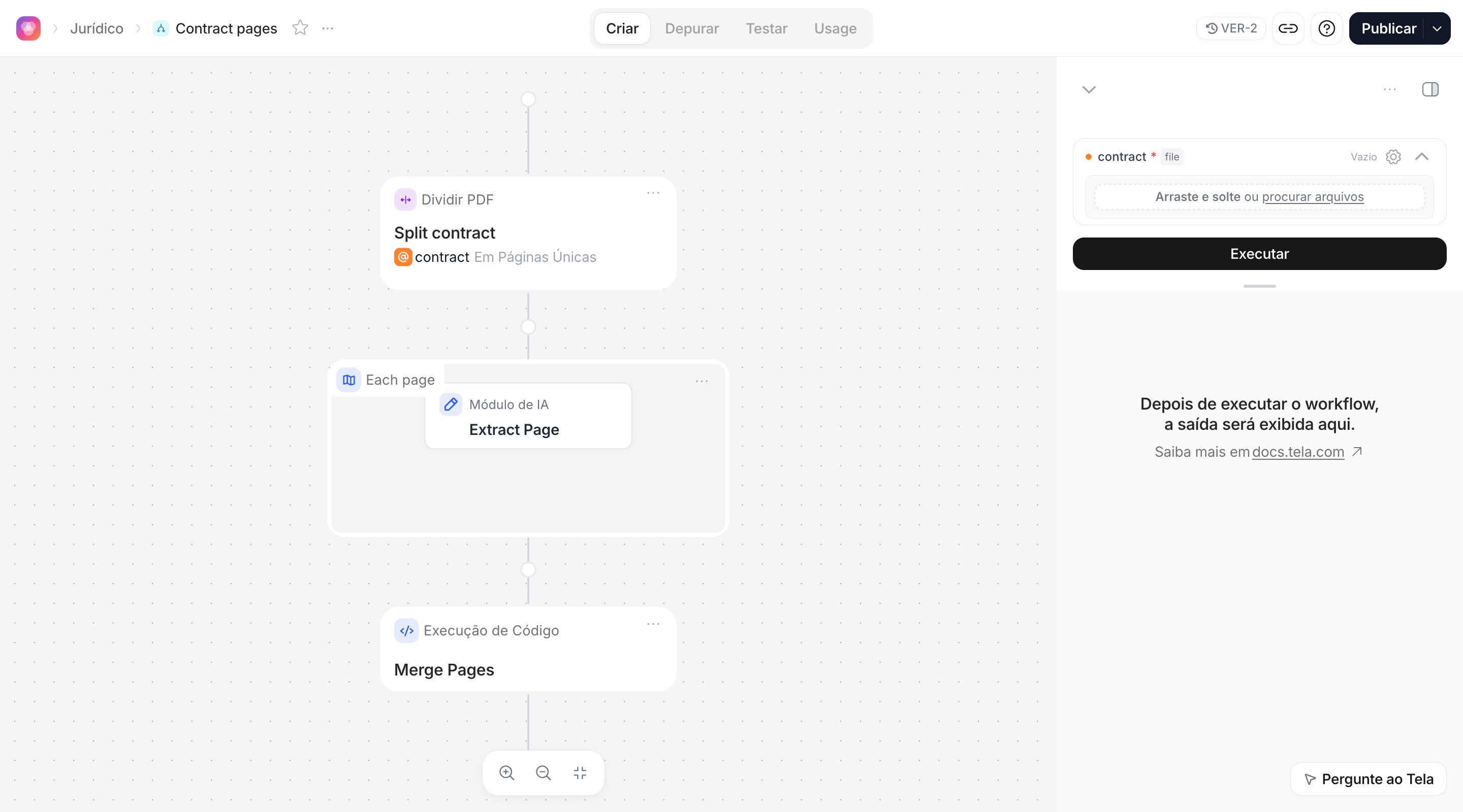 Workflow com uma etapa Dividir PDF, um Mapear com Extract Page dentro e uma etapa de Execução de Código