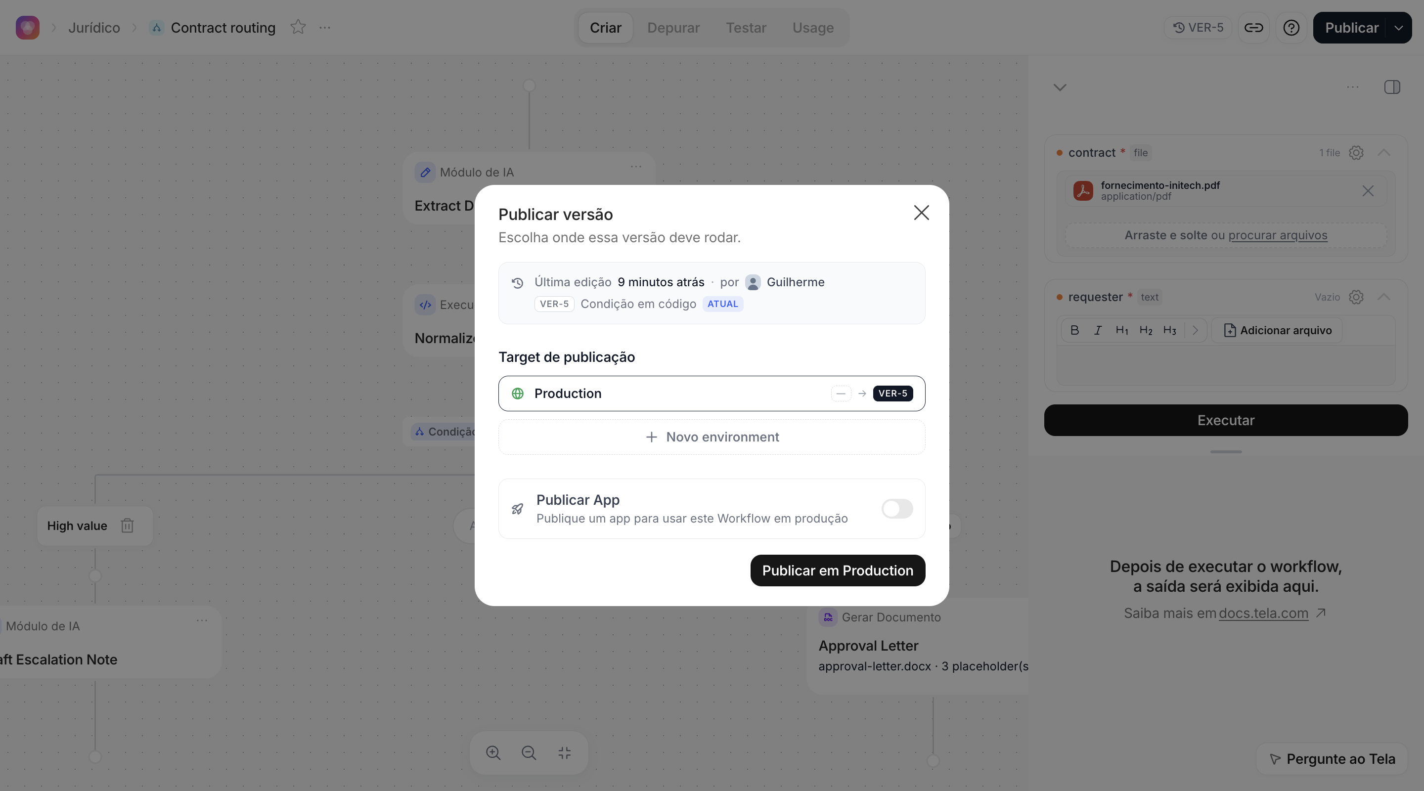 Diálogo de publicação do Workflow com Production selecionado e a chave Publicar App