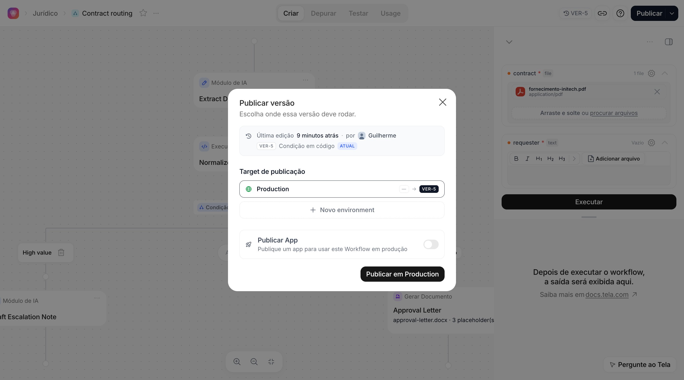 Diálogo de publicação do Workflow com Production selecionado e a chave Publicar App
