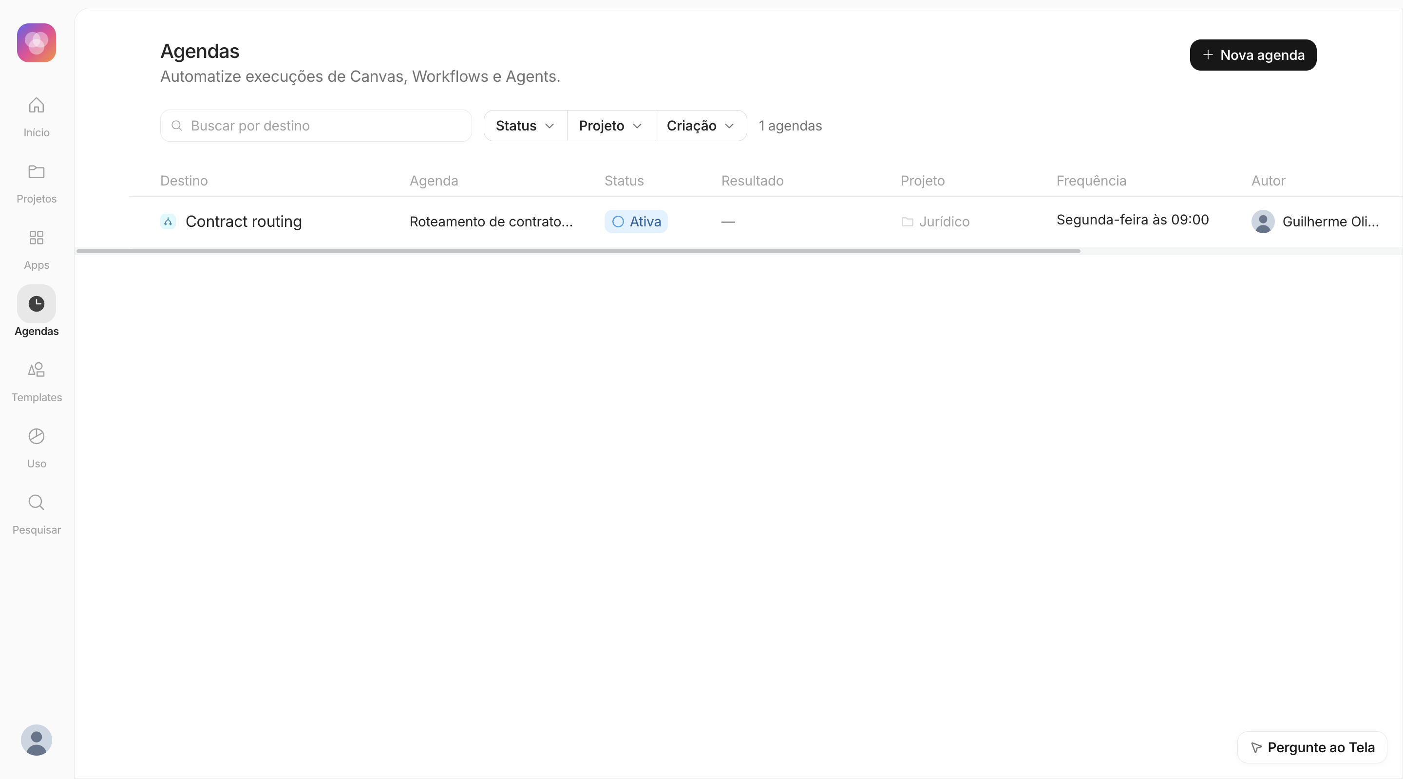 Página de Agendas com uma agenda recorrente para o Workflow de contratos