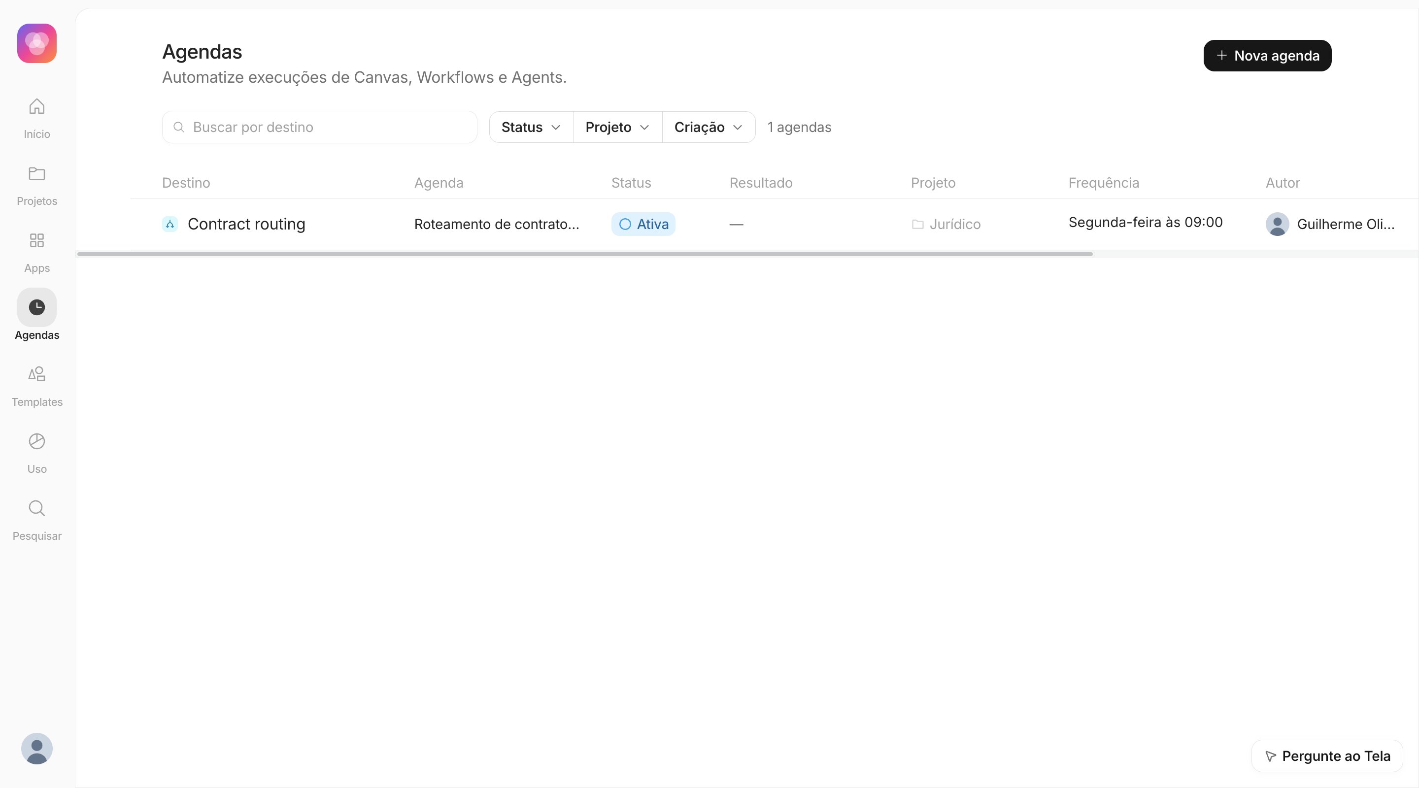 Página de Agendas com uma agenda recorrente para o Workflow de contratos