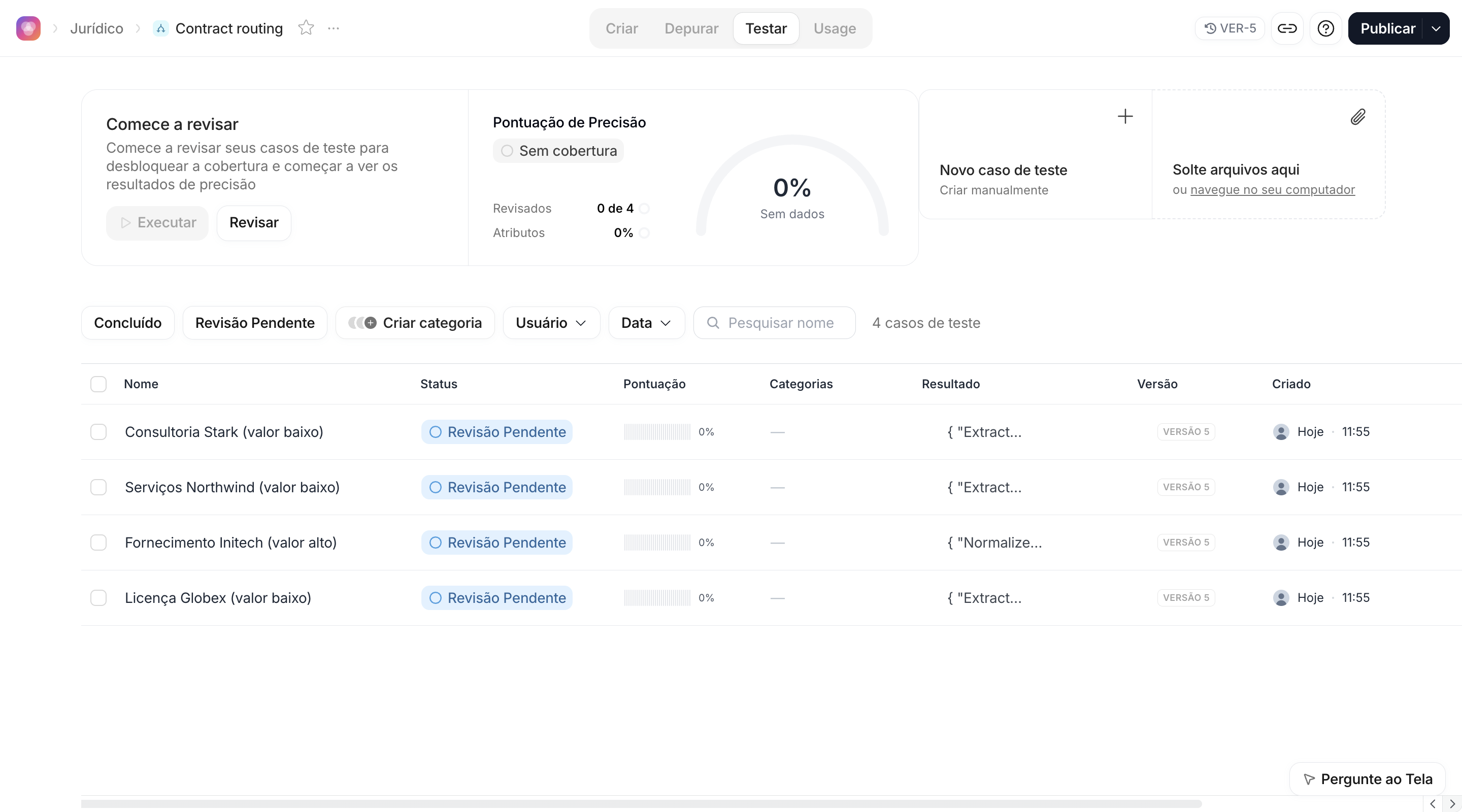 Experiência Testar com os Casos de Teste do Workflow de contratos